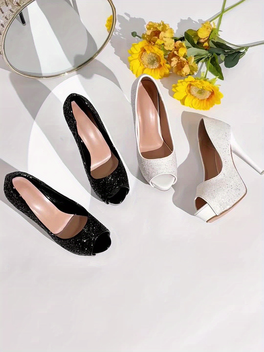 womens black glitter stiletto heels open toe Temu