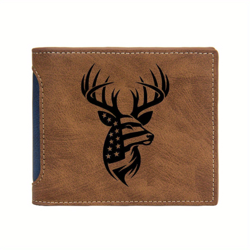 TEMU 1pc Faux Leather Wallet Featuring A Brown Deer With An American Flag Print, Suitable For Men's Casual Everyday Use And A Great Christmas Gift