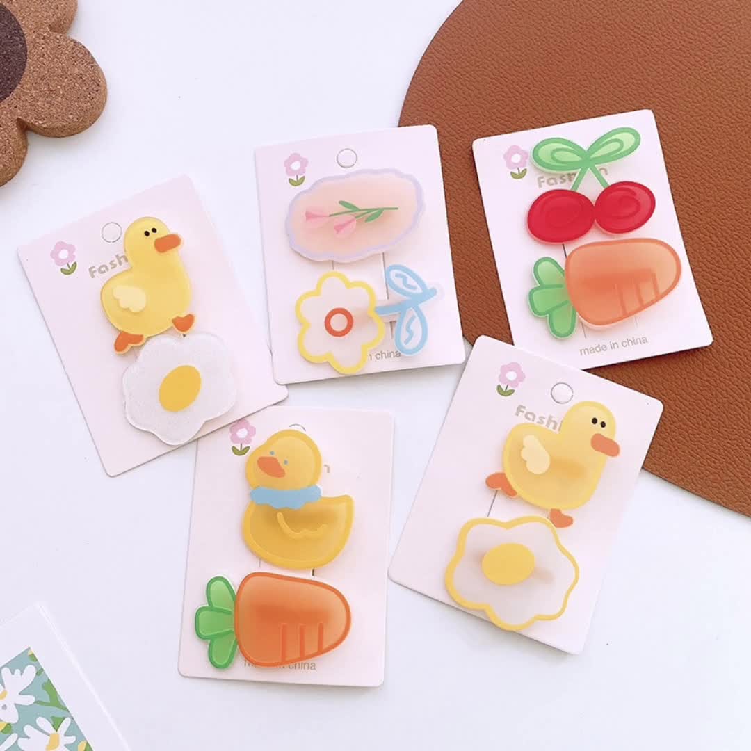 Cute Animal Acrylic Cartoon Duck Hair Clip, Fruits Flower Shaped