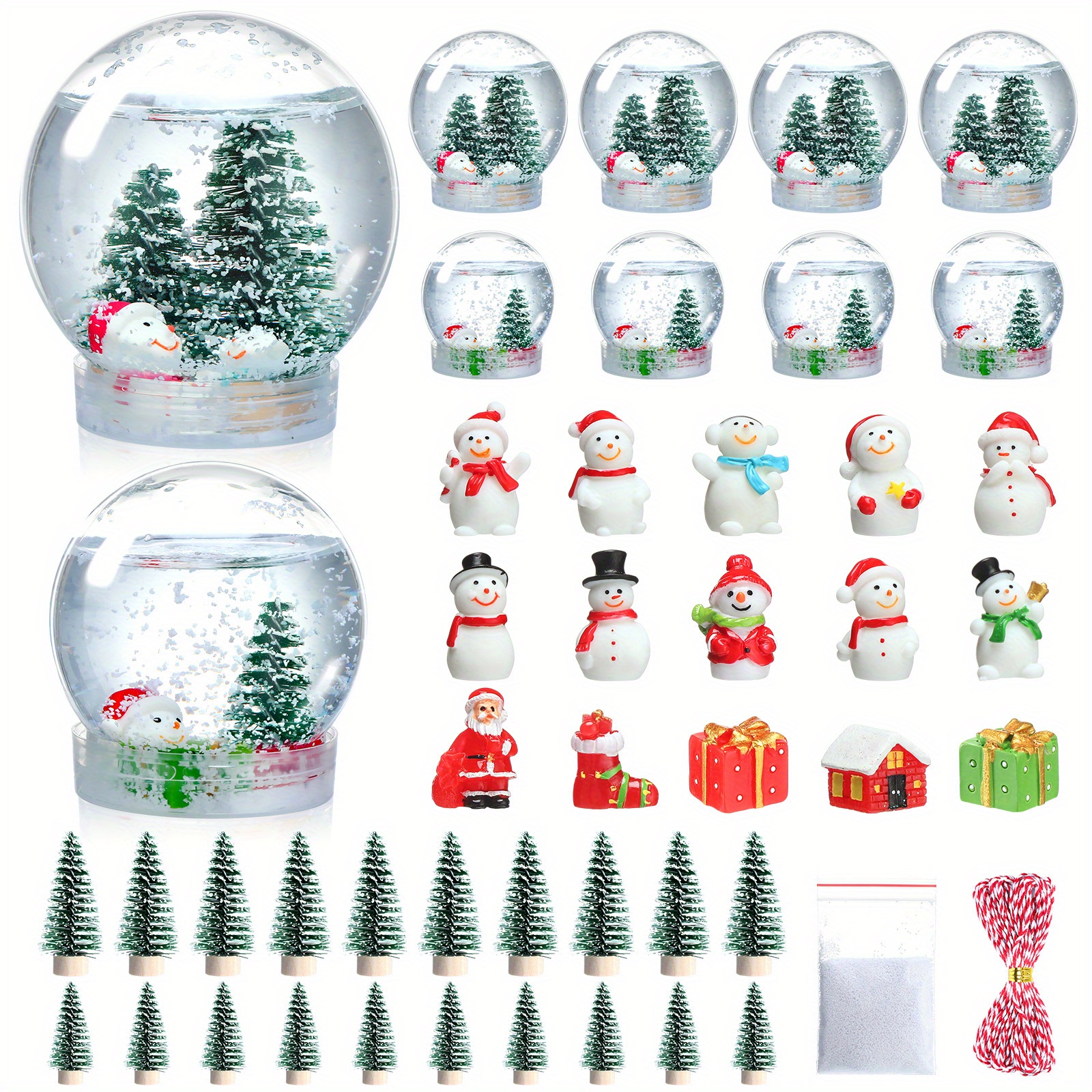 TEMU 47 Pack Kit Includes 10 Clear Plastic Globes 20 Mini Pine With Base 15 Miniature Snowman With Fake Artificial Snow And Rope For Christmas Winter