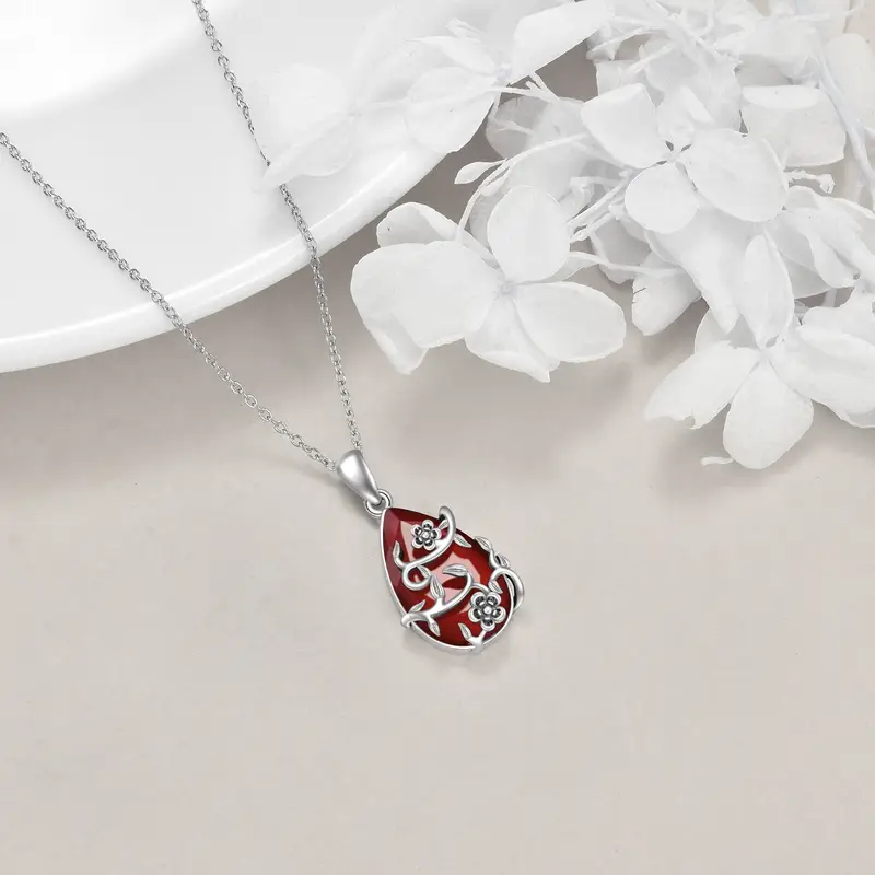 vintage flower necklace s925 sterling silvery red agate pendant artificial crystal restoration fine jewelry Product details 2