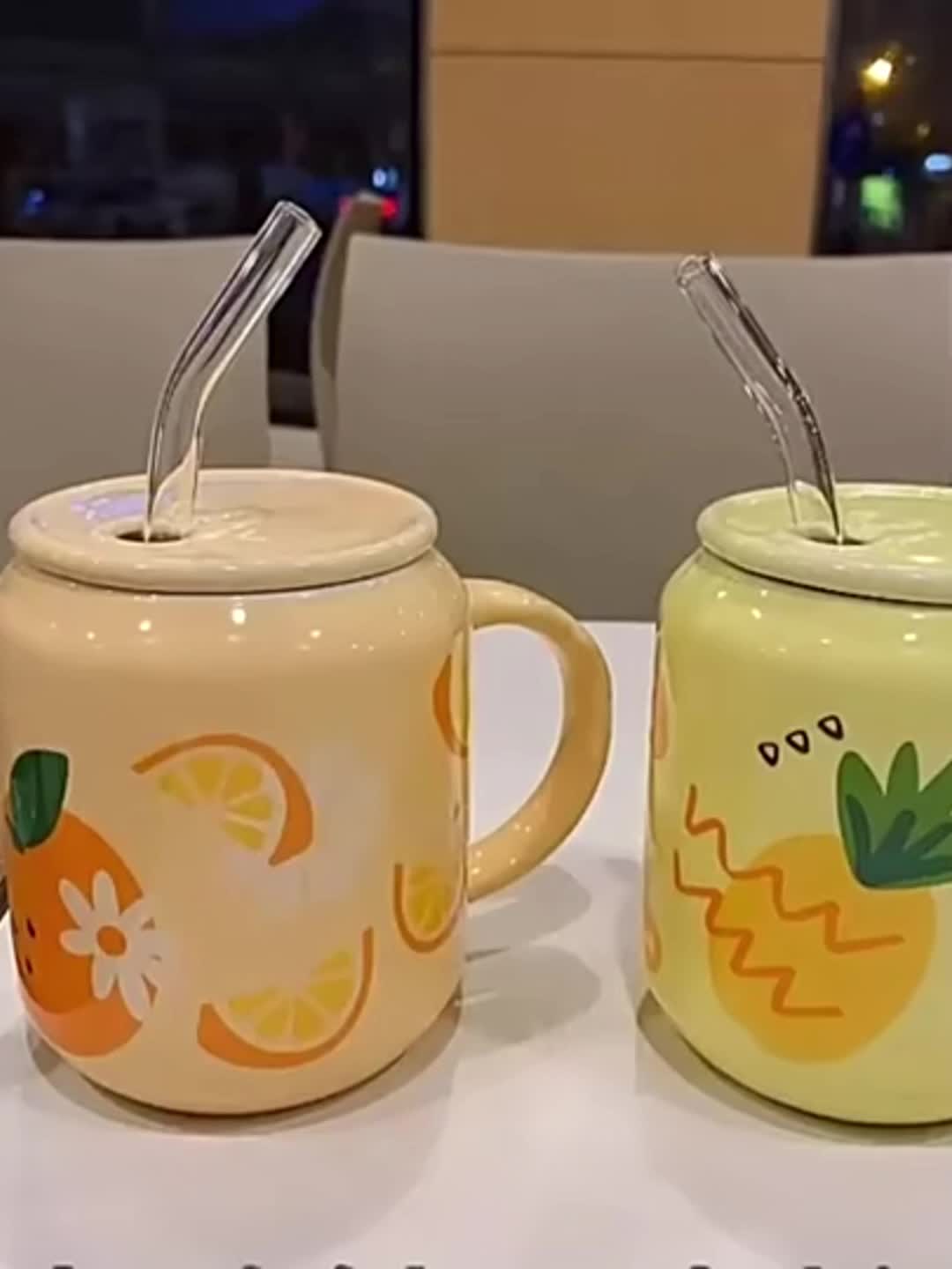New Cute Fruit Ceramic Mug With Straw