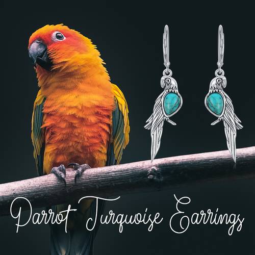 Parrot Silvery Earrings Natural Turquoise 925 Sterling Silver Parrot Bird Retro Dangle Earrings for Women, Elegant Earrings, Party Jewelry, Holiday Gifts, Vintage Design, Elegant Style, Handcrafted Jewelry, Durable Earrings, Statement Earrings, Bird Jewelry