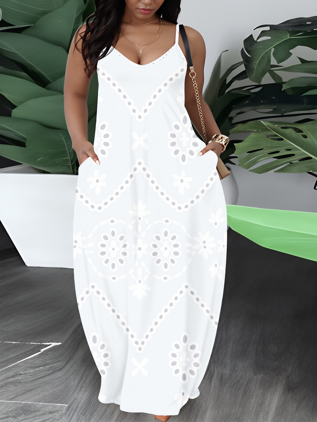 chinese dress ladies Plus Size Maxi Dress V Neck for Summer - White