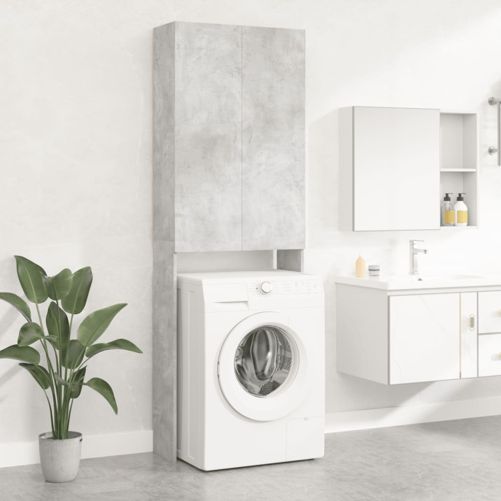 Image of Washing Machine Cabinet With 2 Doors 3 Compartments Bathroom Furniture Bathroom Cabinet Bathroom Shelf Bathroom Cabinet Tall Cabinet Concrete Grey 64x25.5x190cm