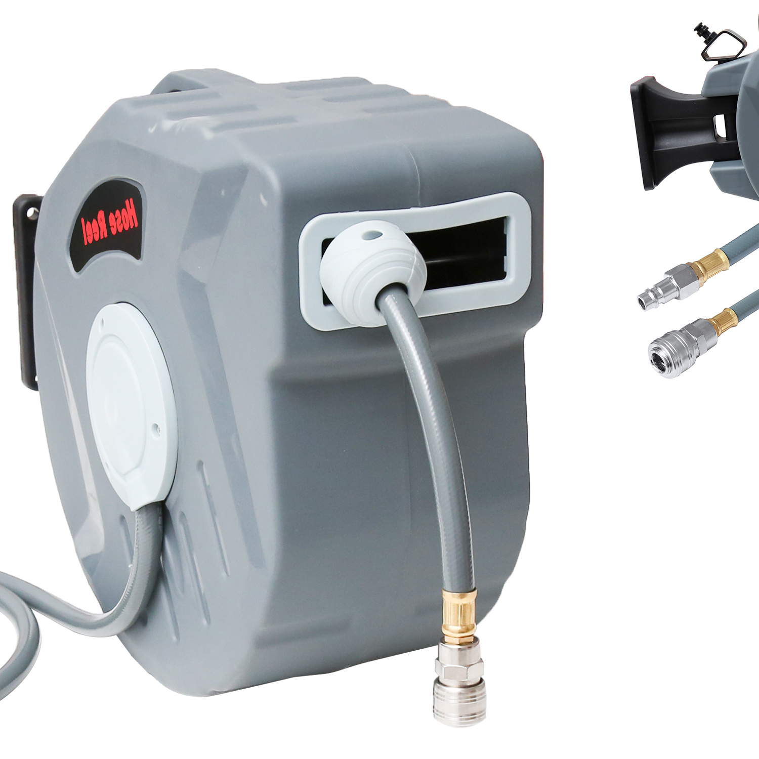 Image of 20 Meters Automatic Compressed Air Hose Reel 3/8 Inch Compressed Air Hose Reel Pressure 18 Bar 1/4 Inch Quick Connect Fitting 180 Degree Rotation Wall-mounted Gray