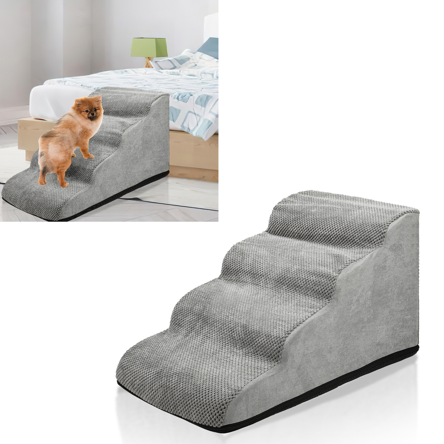 Image of 4-step Premium Foam Pet Stairs, High-density Dog Steps With Washable Corduroy Cover, Non-slip Pet Ladder For Bed, Sofa And Couch, Gray
