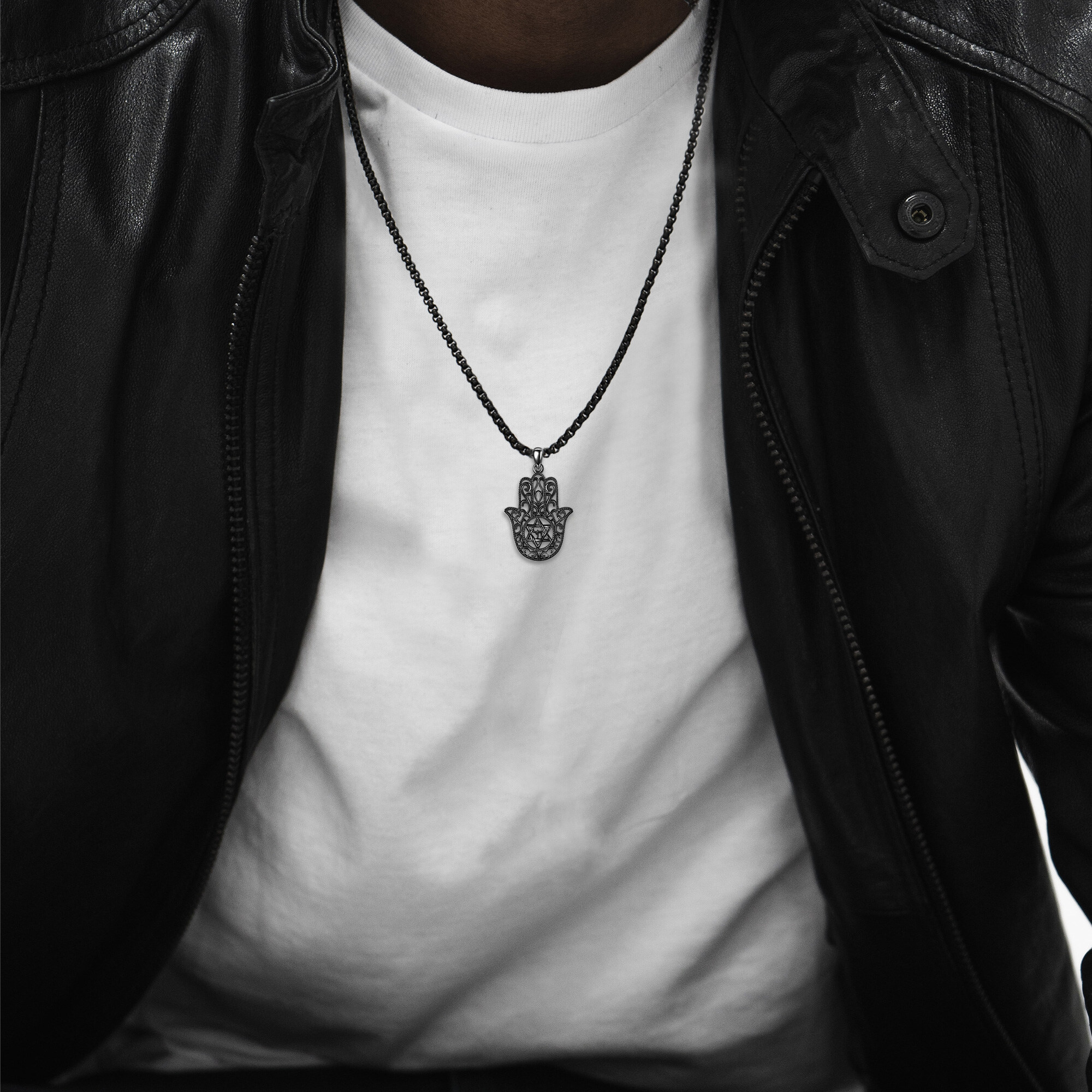 925 Sterling Silver Hamsa Necklace with Gun Black Plating