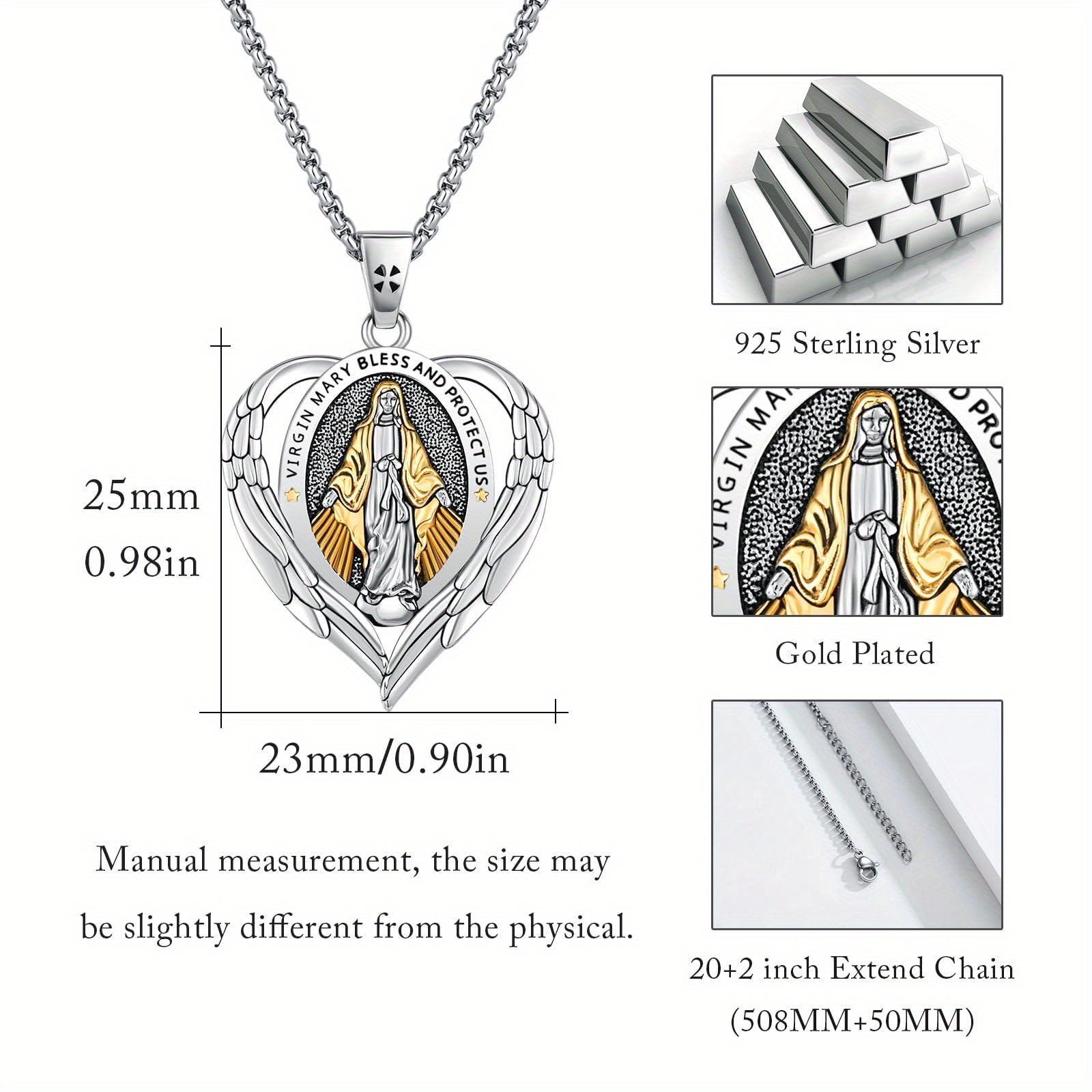 925 Silver Virgin Mary Necklace Archangel Us Amulet Medallion Religious Gift