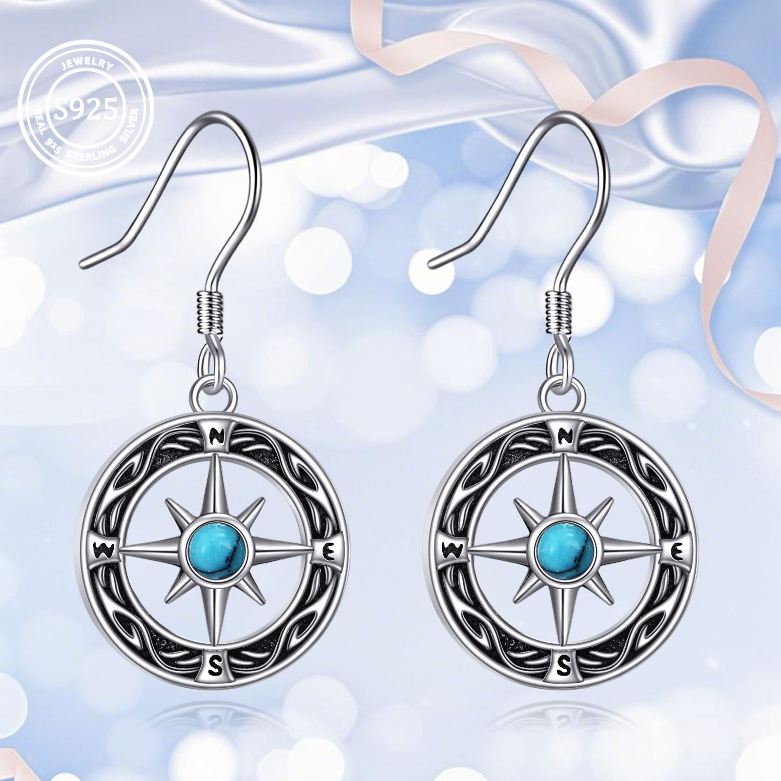 Women's Sterling Silver Compass Dangle Earrings