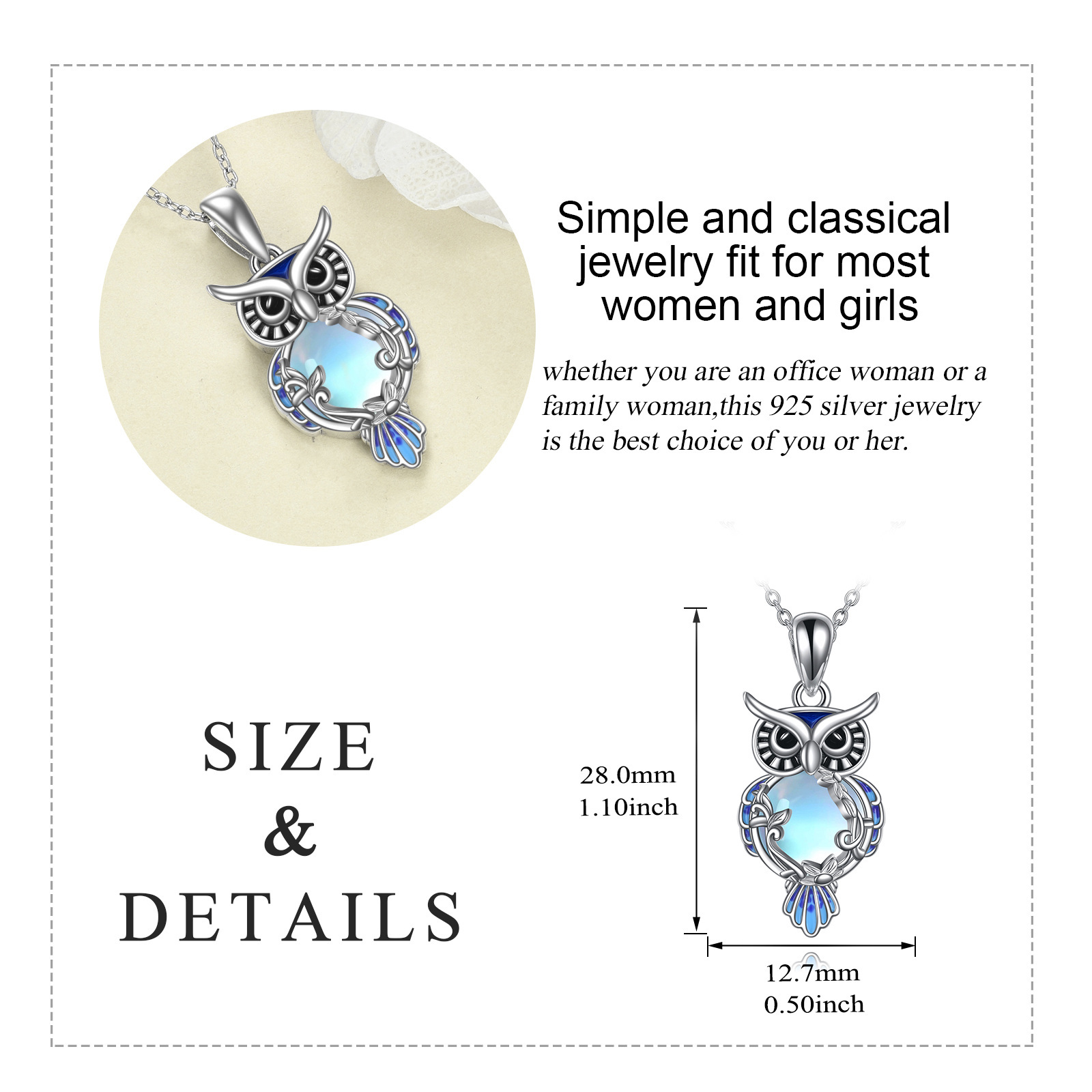 Sterling Silver Moonstone Owl Pendant Necklace