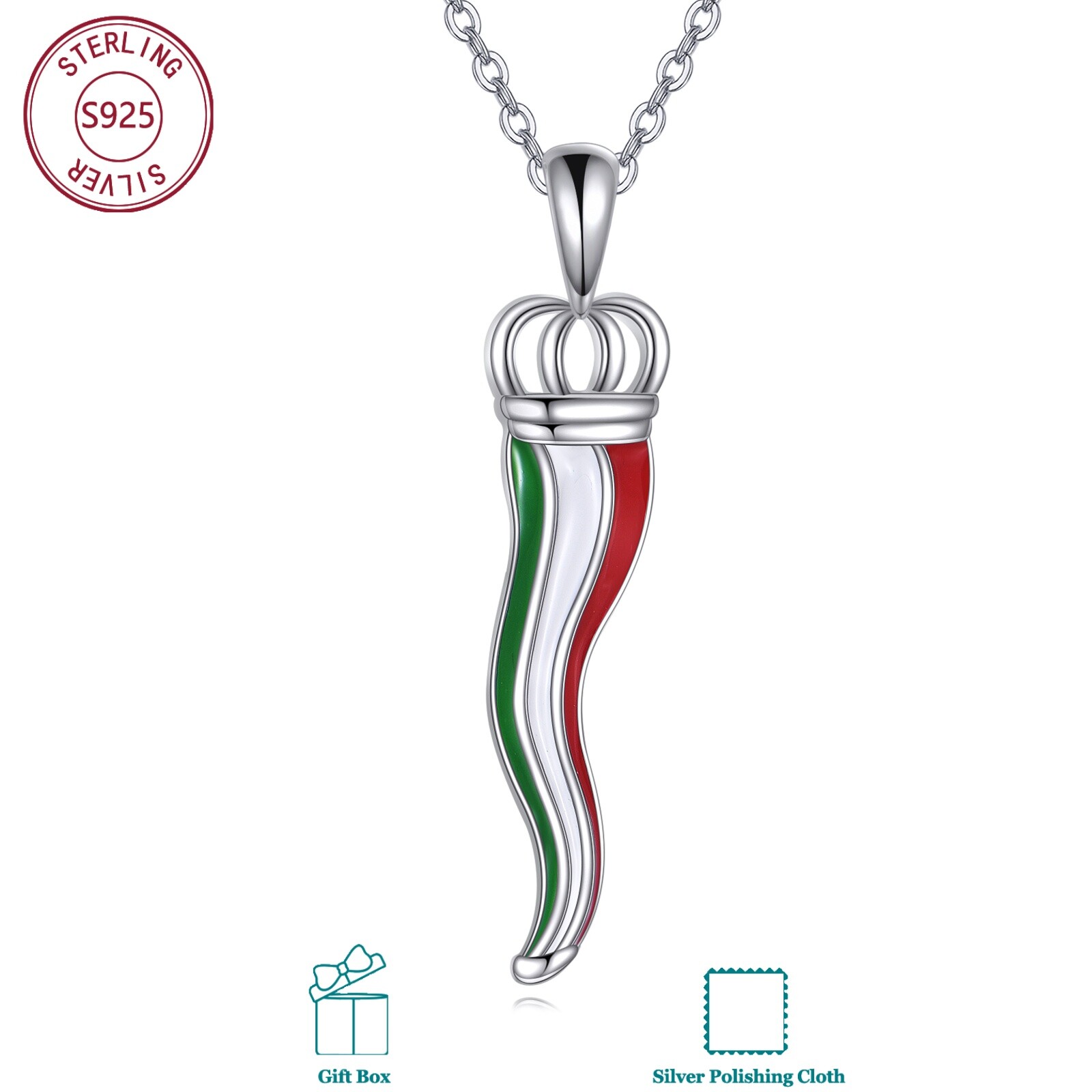 925 Sterling Silvery Italian Horn Necklace, Italian Horn Charm Jewelry Gifts For Men Women