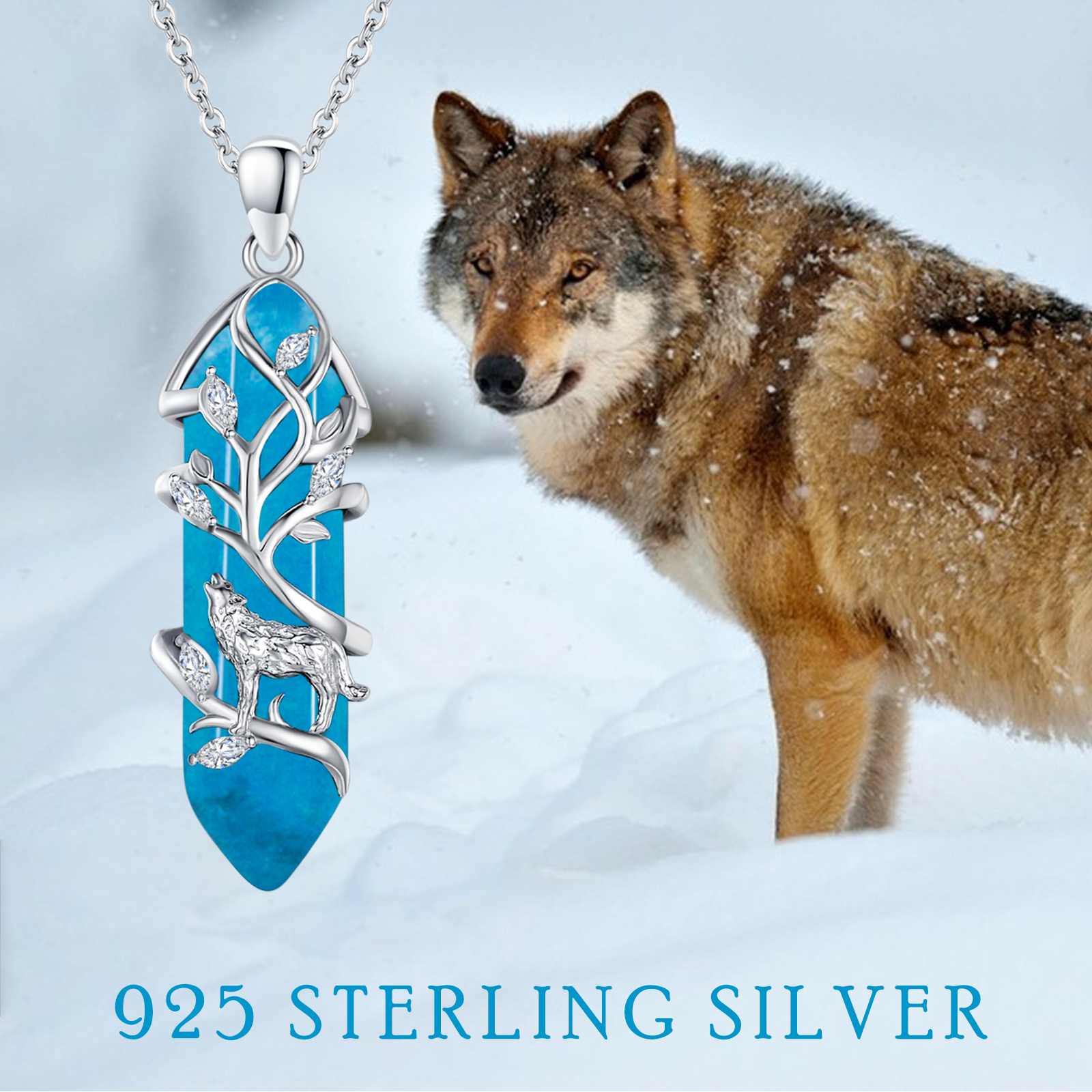 Wolf Necklace Sterling Silvery Blue Wolf Pendant Gift For Women And