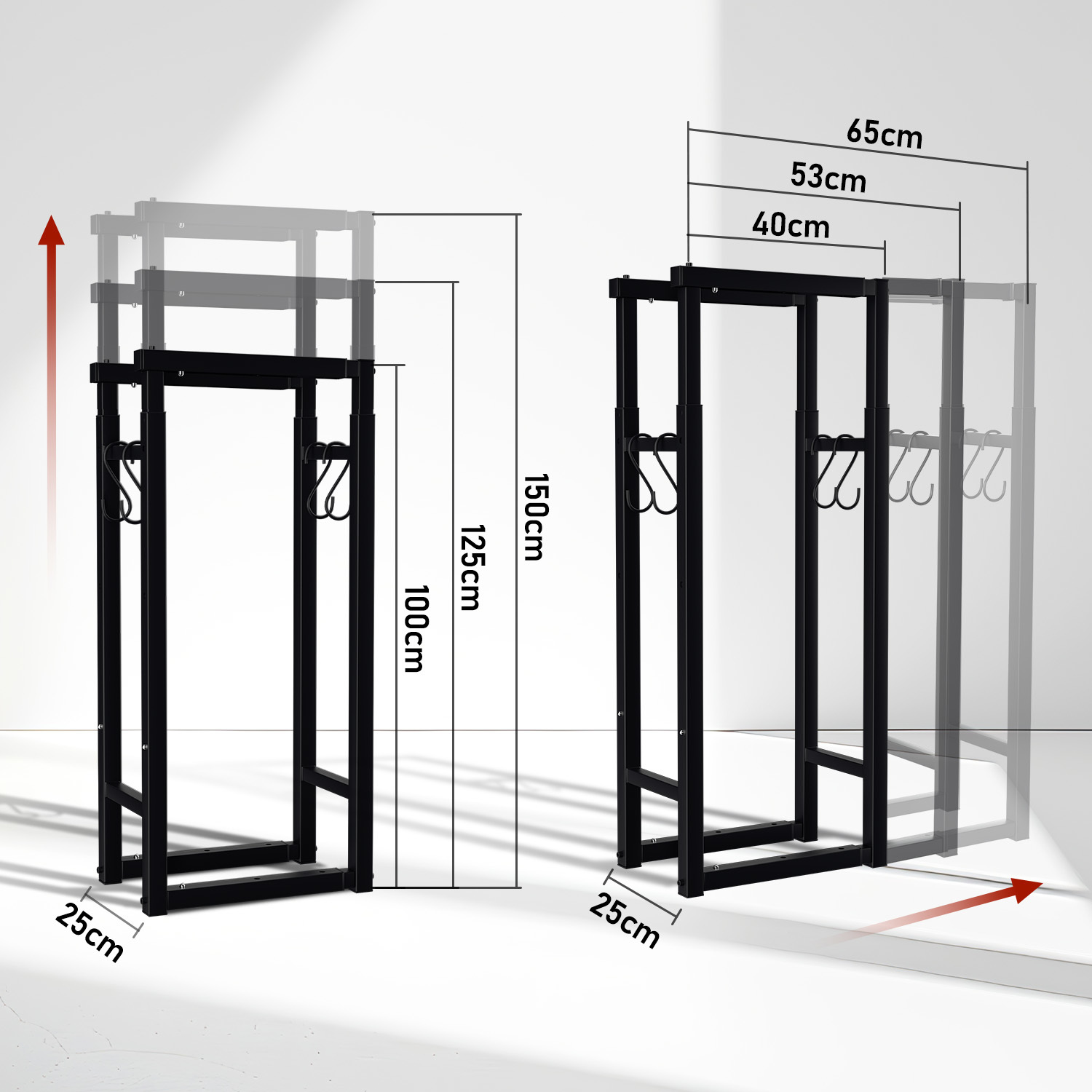 Image of Adjustable Firewood Rack, Telescoping, Adjustable, Firewood Rack With 4 Hooks, Log Firewood Rack, Stacking Aid, Black