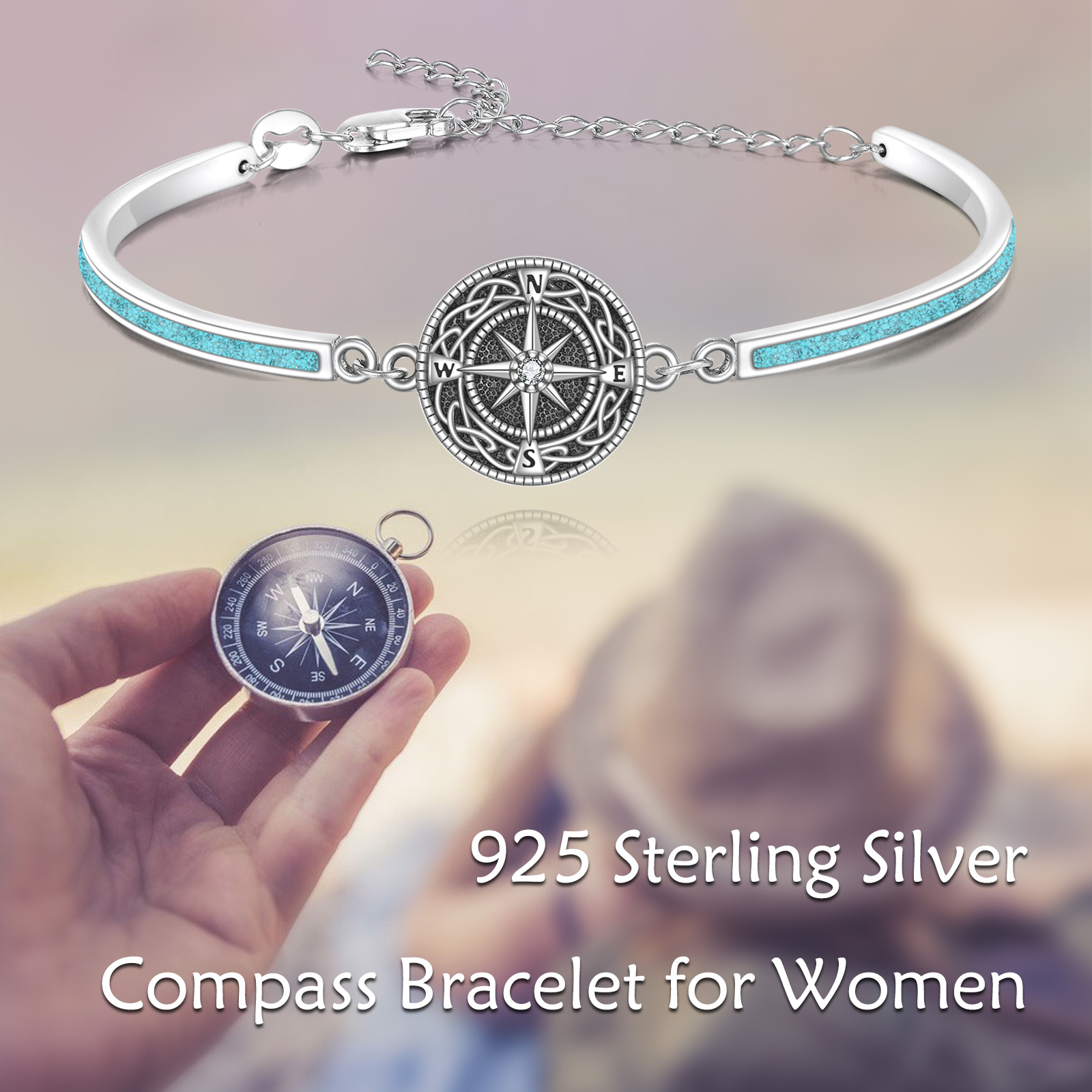 Women's 925 Sterling Silver Compass Bangle Bracelet with Synthetic Turquoise