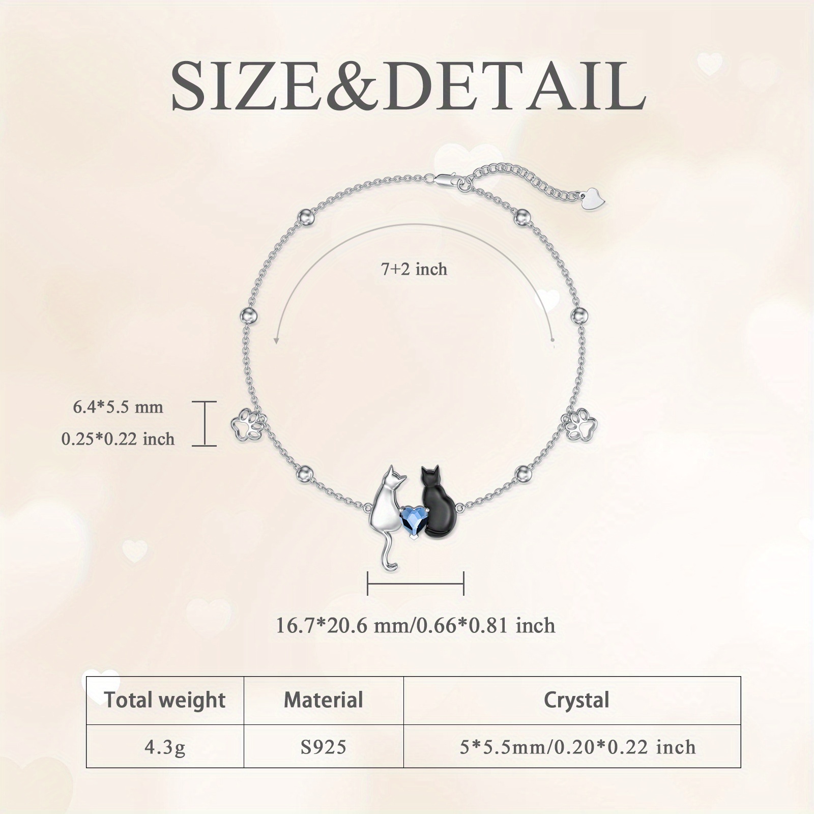 925 Silver Cat & Paw Print Heart Chain Bracelet