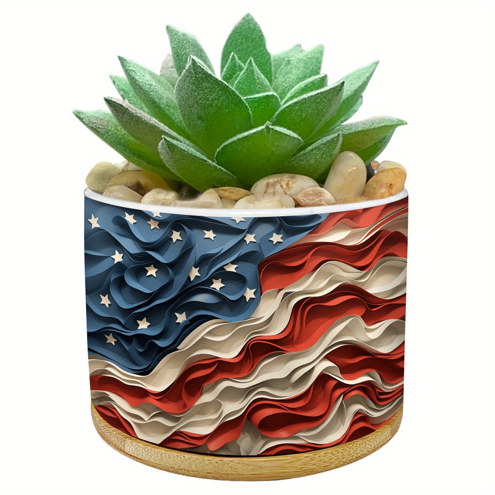 TEMU 1pc Wavy Patriotic Design, American Flag Ceramic Pot With Drainage Hole, Tabletop Indoor & Patio Bonsai Container, Ideal Gift For Plant Lovers