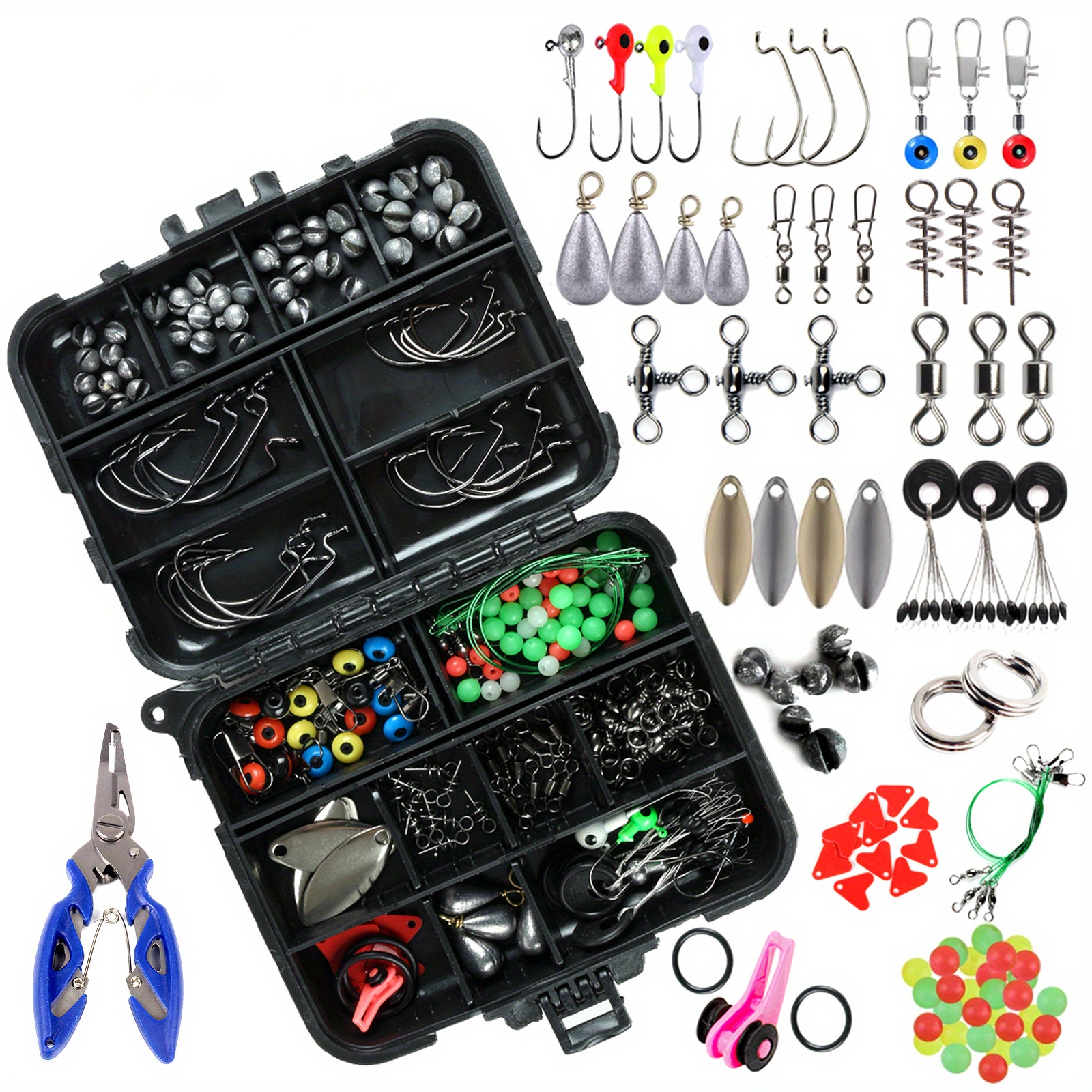 188pcs Aluminum Alloy Fishing Tackle Box Kit With Pliers, Jig Hooks, Swivels, Snaps, Sinker Sliders, Beads - Versatile Outdoor Fishing Gear Set
