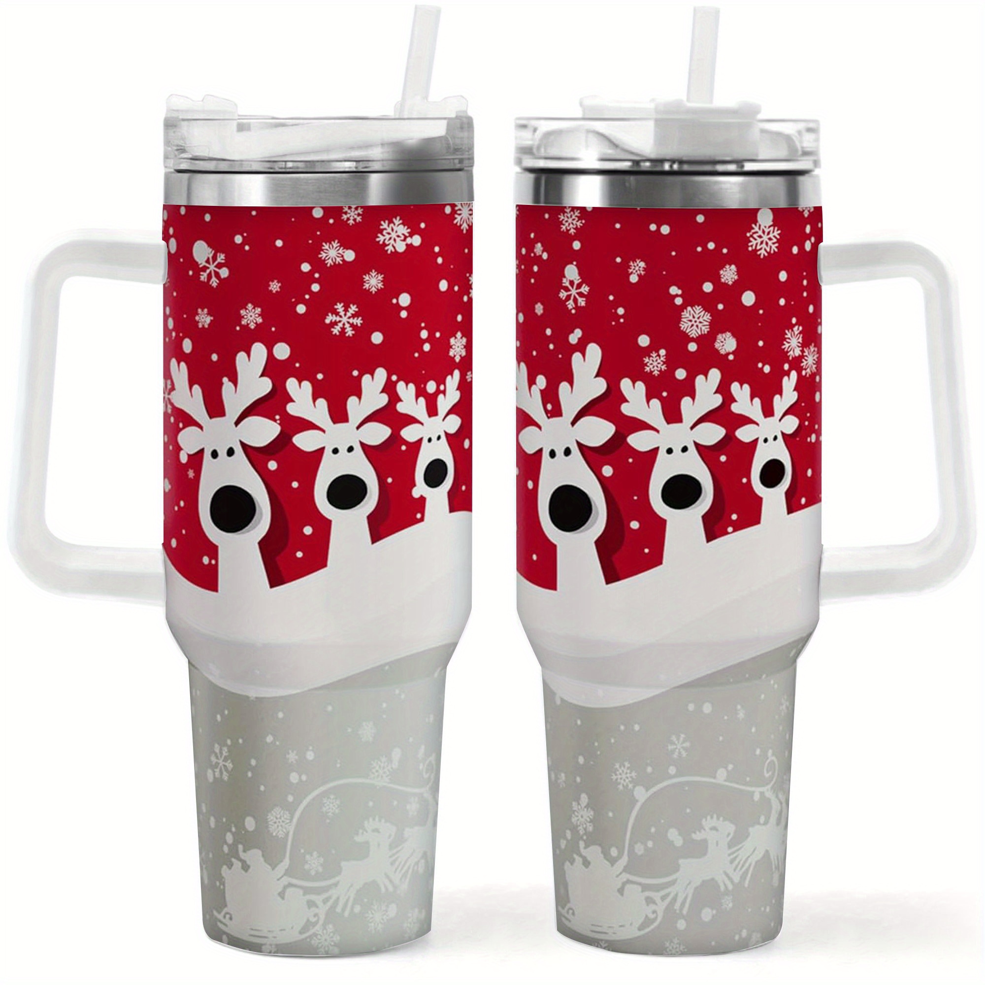40oz Stainless Steel Christmas Tumbler - Handle, Straw, Merry Design, Ideal For Last-minute Holiday Gifts