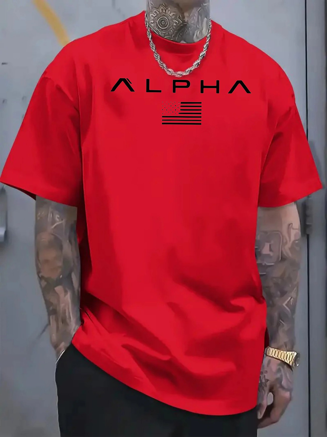 *'s 180g Heavyweight Cotton T-Shirt Navy Blue with ALPHA American  Flag Chest Print, Regular Fit Short Sleeve Round Neck Casual Tee, Machine