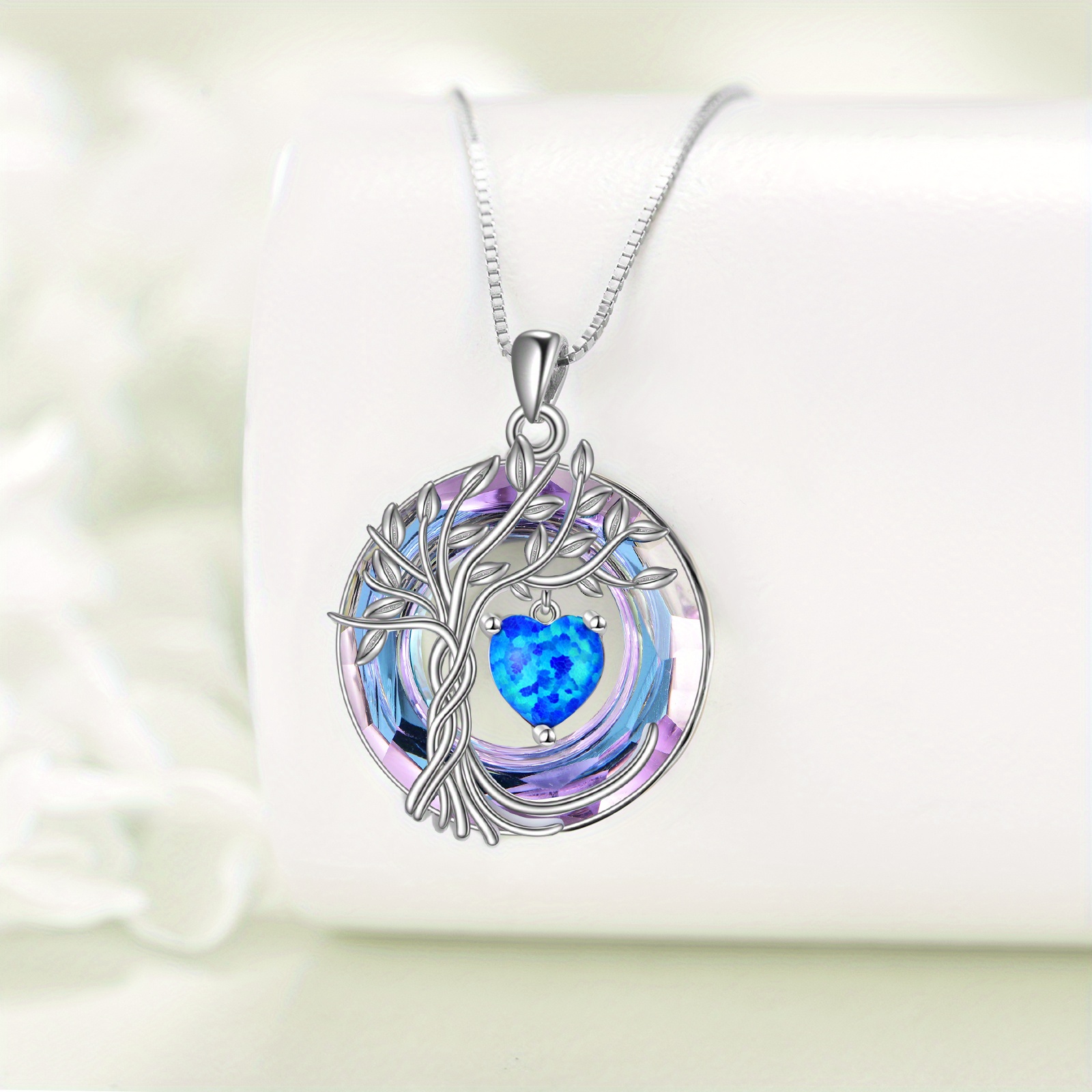 Women's 925 Sterling Silver Tree of Life Blue Opal Birthstone Necklace