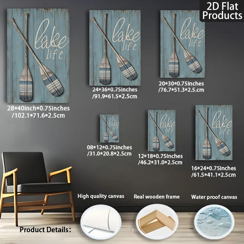 TEMU 1pc Large Horizontal Striped Paddle (paddle) Wall Art - Turquoise Wood-like Texture Wrapped Canvas Poster, Waterproof Fade-resistant Bathroom