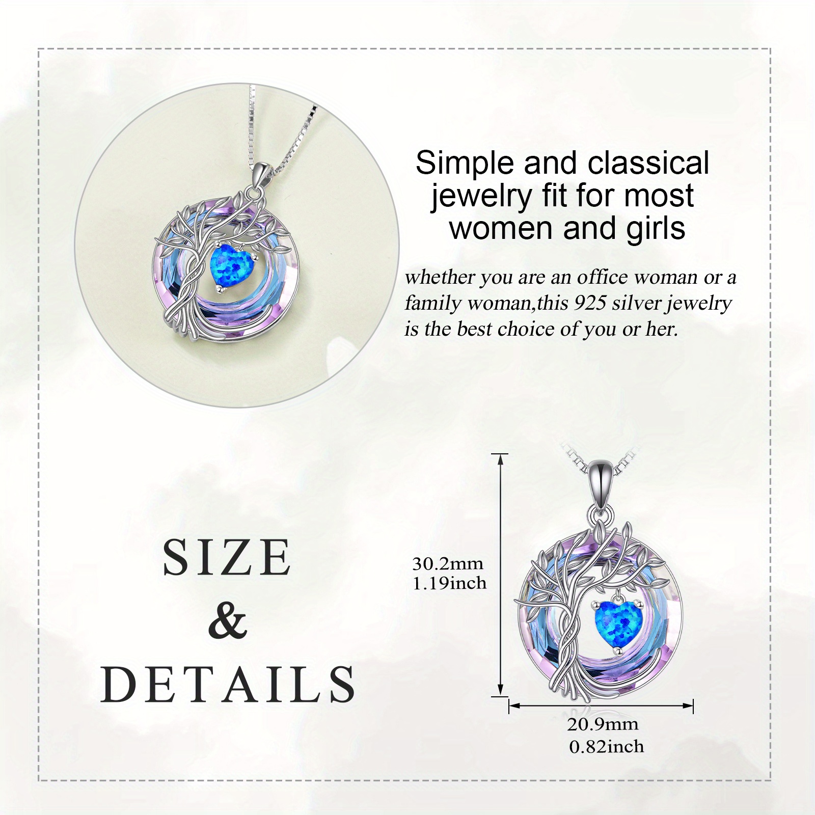 Women's 925 Sterling Silver Tree of Life Blue Opal Birthstone Necklace