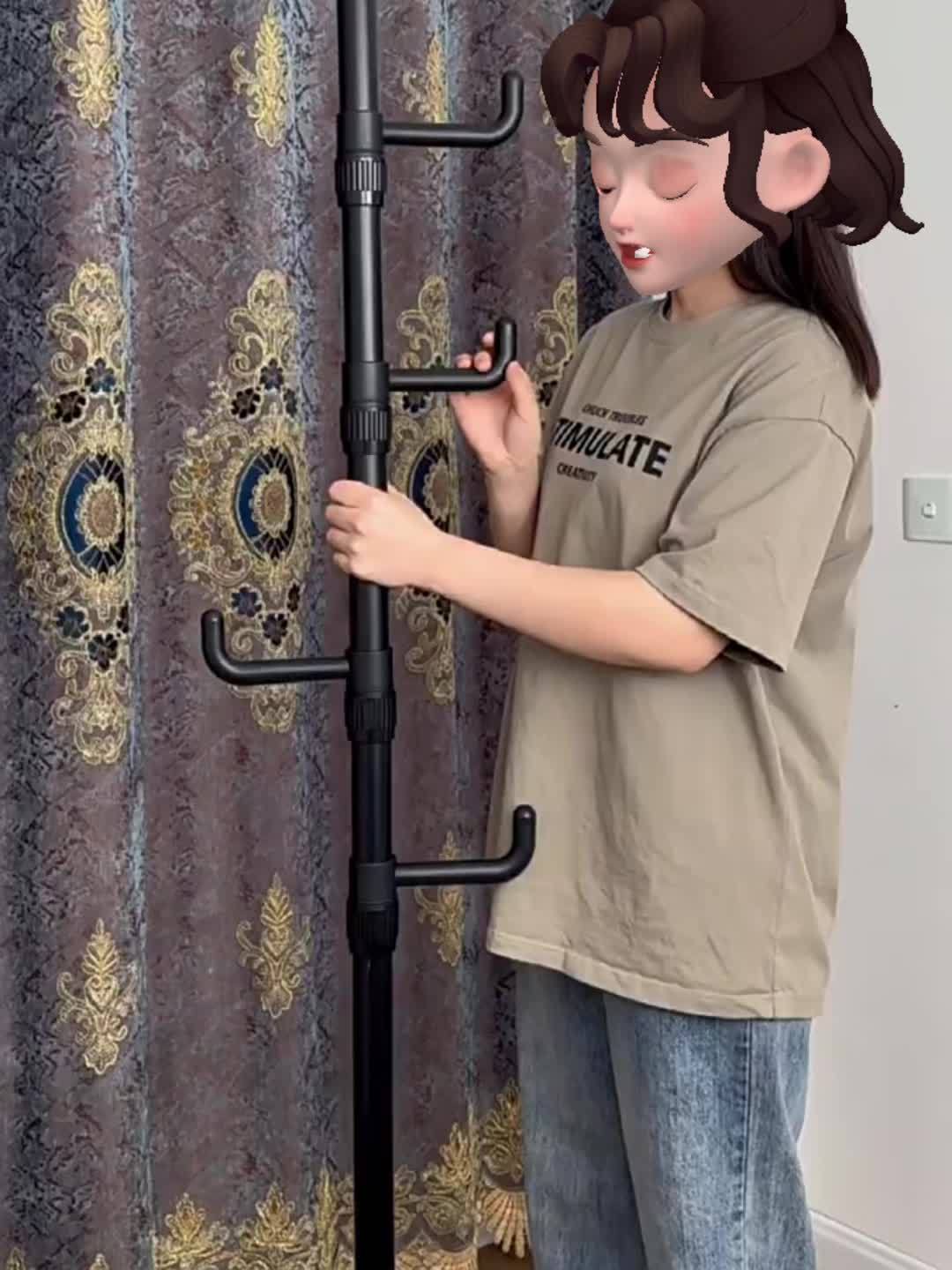 Adjustable Height Clothes Rack Rod with 4 Hooks, No Installation