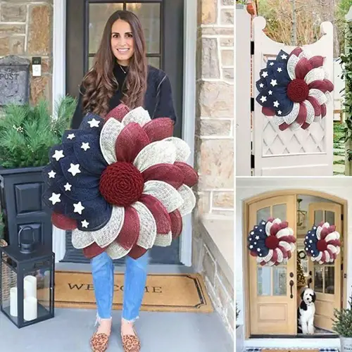 patriotic wreath for front door memorial day farmhouse decor with design durable plastic welcome sign no electricity needed decorations star and stripe pattern glowing ambient effect textured