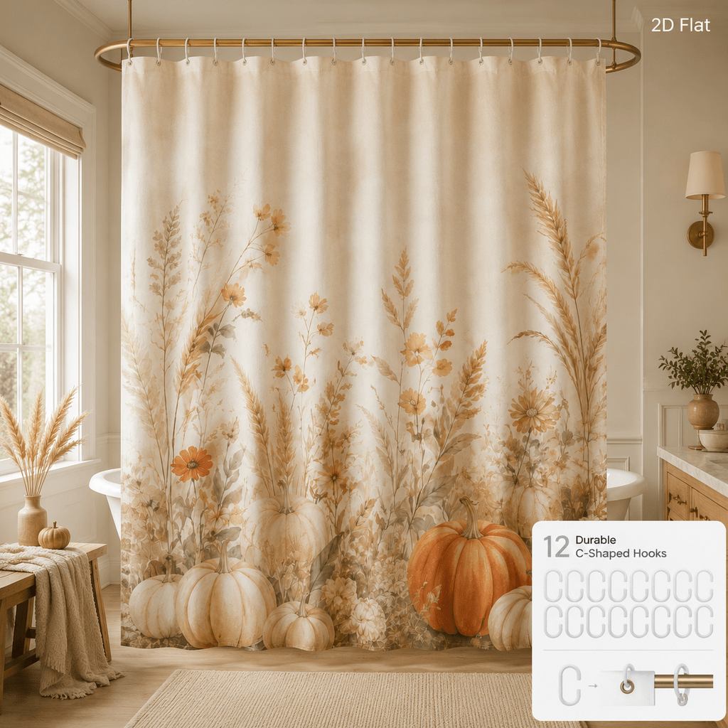 TEMU 2d Flat, 1pc 2d Flat Bathroom Shower Curtain, 71x71in, Includes 12 Hooks, Autumn Pumpkin And Print, Beige Harvest Design, Soft Neutral Floral