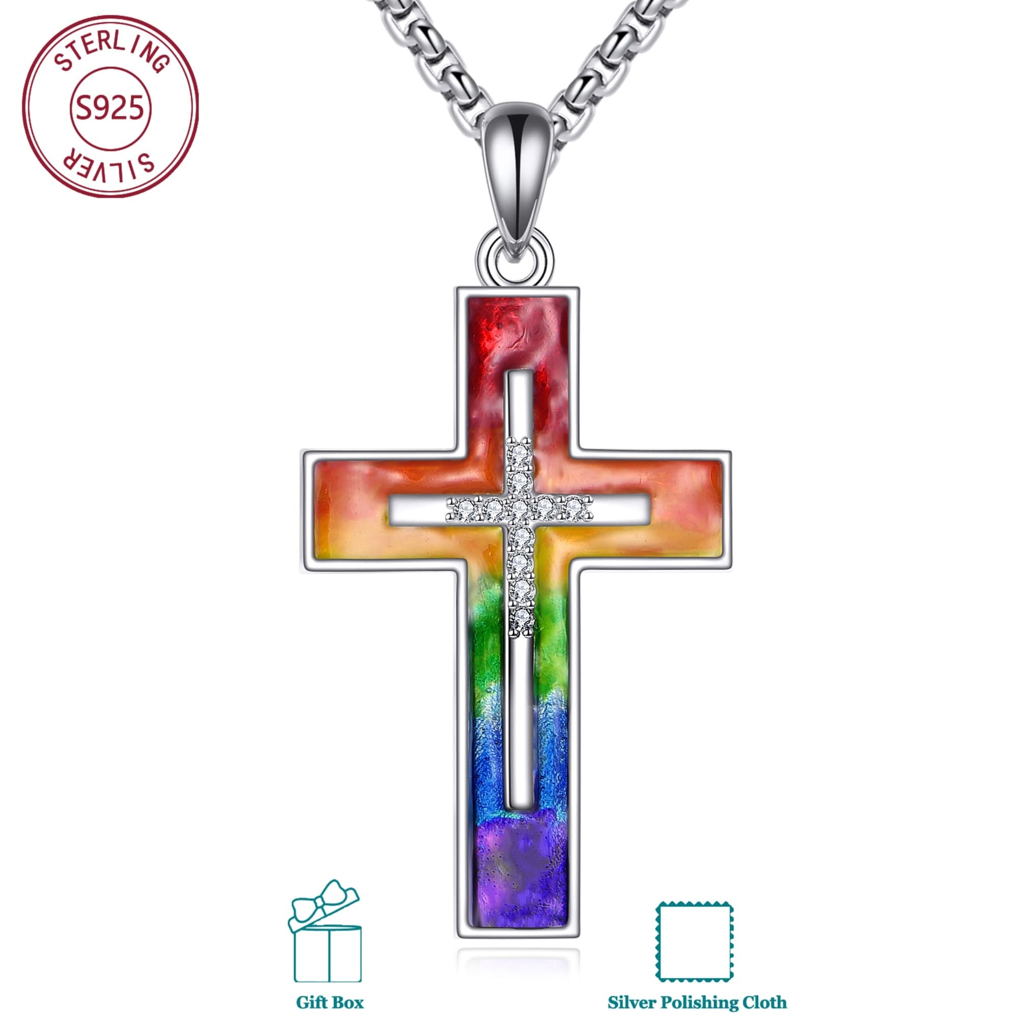 Image of S925 Sterling Silvery Rainbow Cross Necklace Suitable For Men And Women For Daily Wear Birthday Gift Christmas Gift For Hypoallergenic