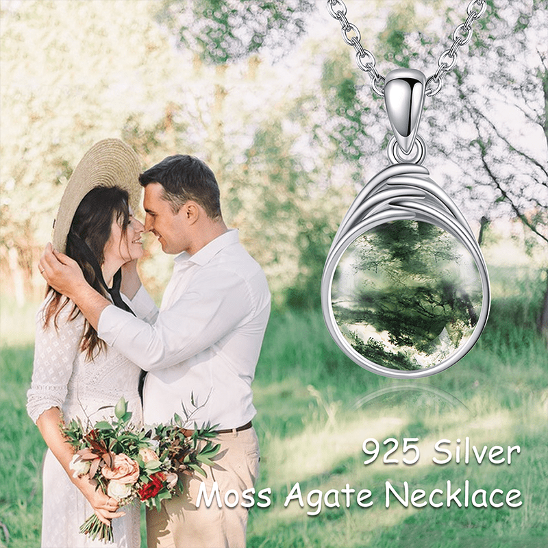 Image of Moss Agate Necklace For Women 925 Sterling Silver Round Moss Agate Pendant Necklace Moss Agate Jewelry For Women