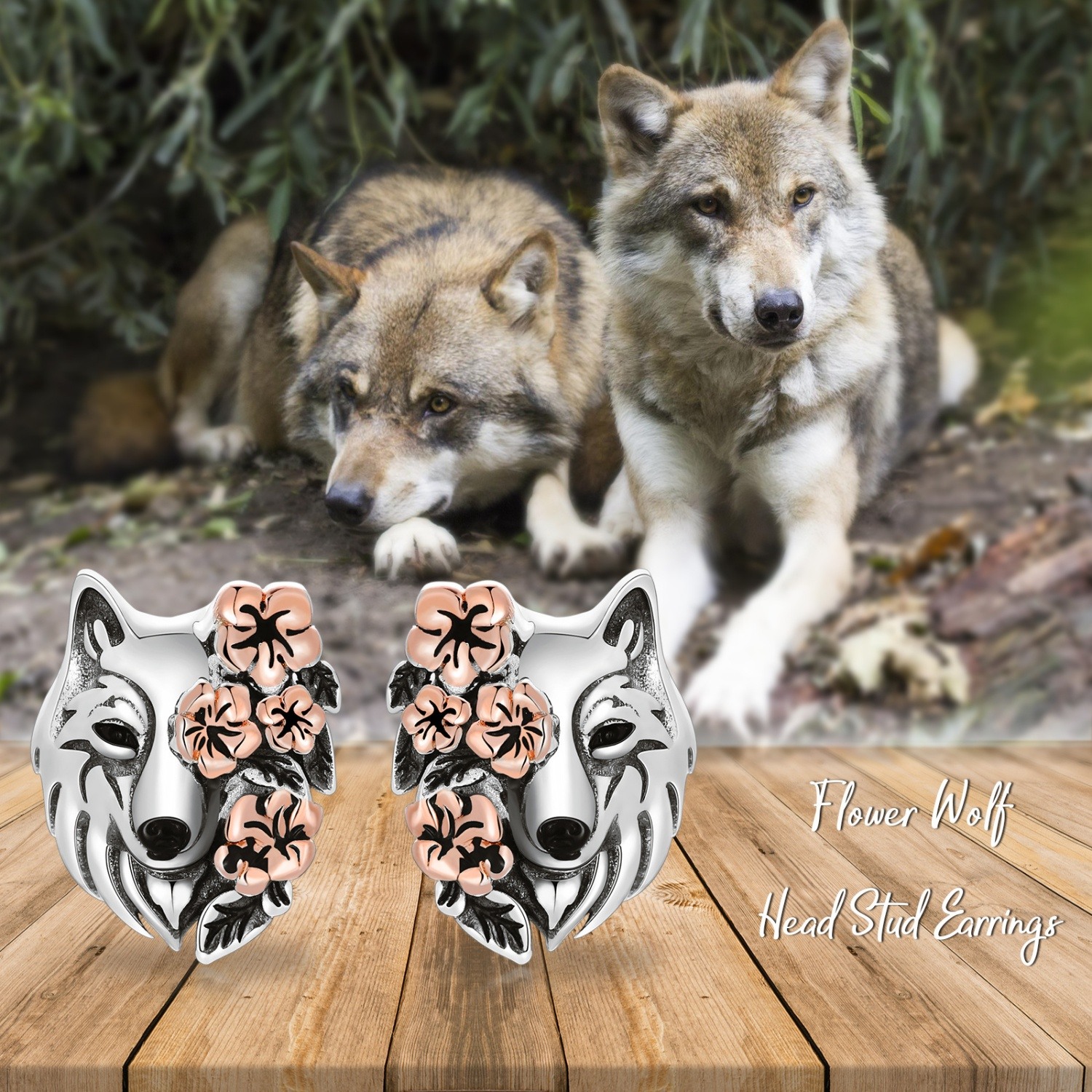 Image of 925 Sterling 925 Silver Flower Wolf Head Stud Earrings For Everyday Men And Women Birthday Gifts Valentine's Day Presents Meaningful Presents For