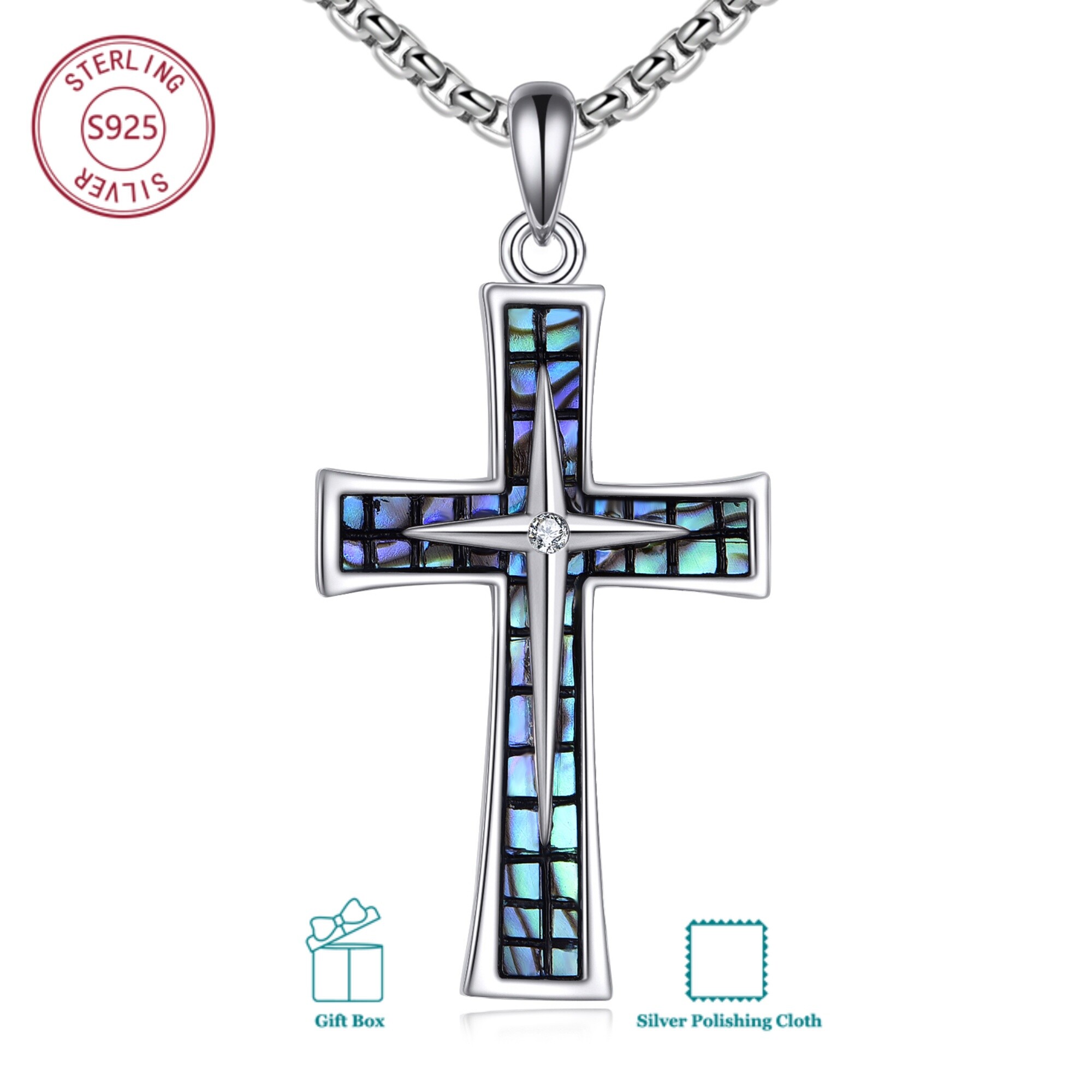 S925 Sterling Silvery Cross Necklace With Abalone Shell Suitable For Men And Women For Daily Wear Birthday Gift Christmas Gift For Boyfriend , Holiday Present, Classic Cross, , Family Gifts