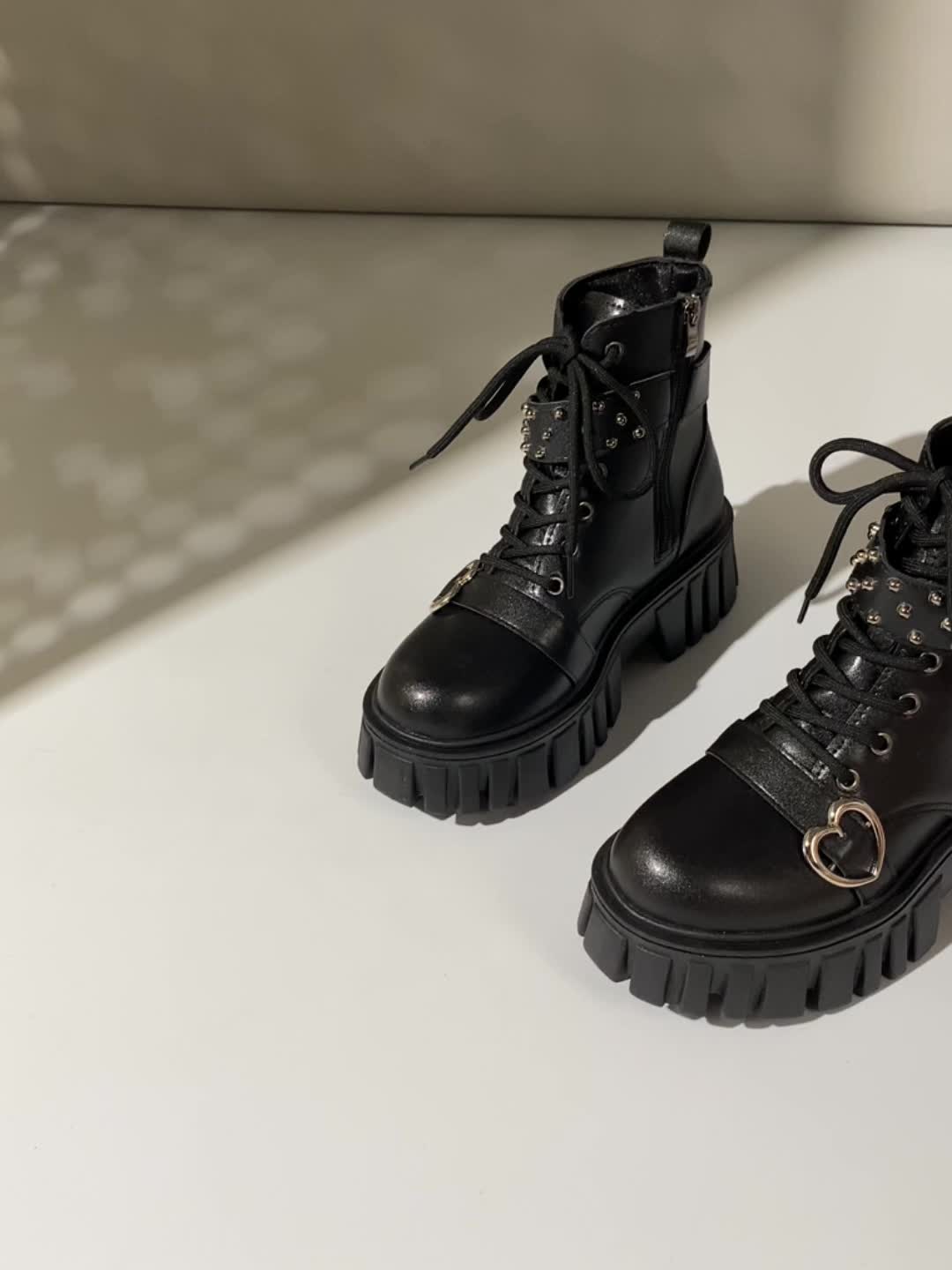 Women's Platform Gothic Ankle Boots, Heart Buckle Strap Lace Up