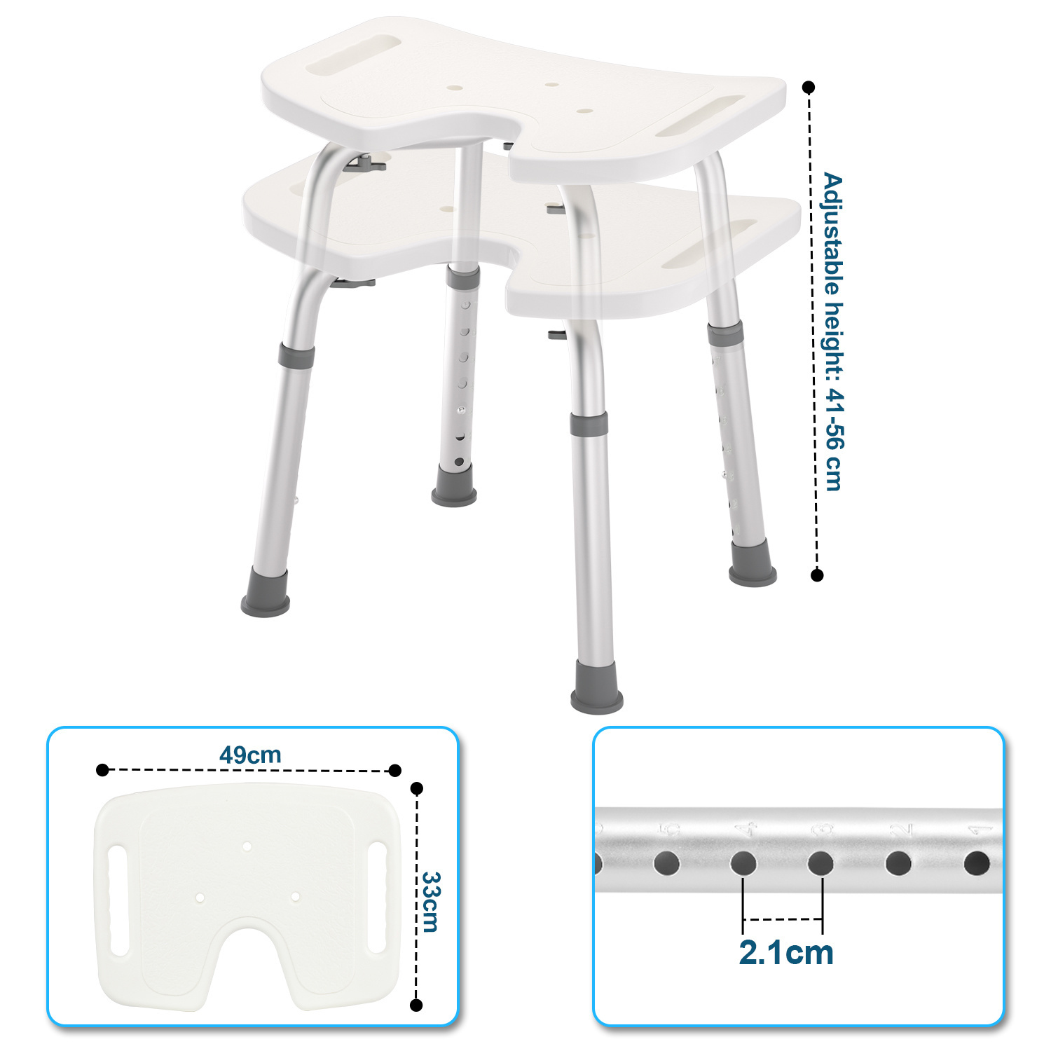 Image of Shower Stool With U-shaped Hygiene Cutout | 7-position Height Adjustment (41-56 Cm), Non-slip Feet | Sturdy Shower Chair For Safe Seating By Sonnewelt