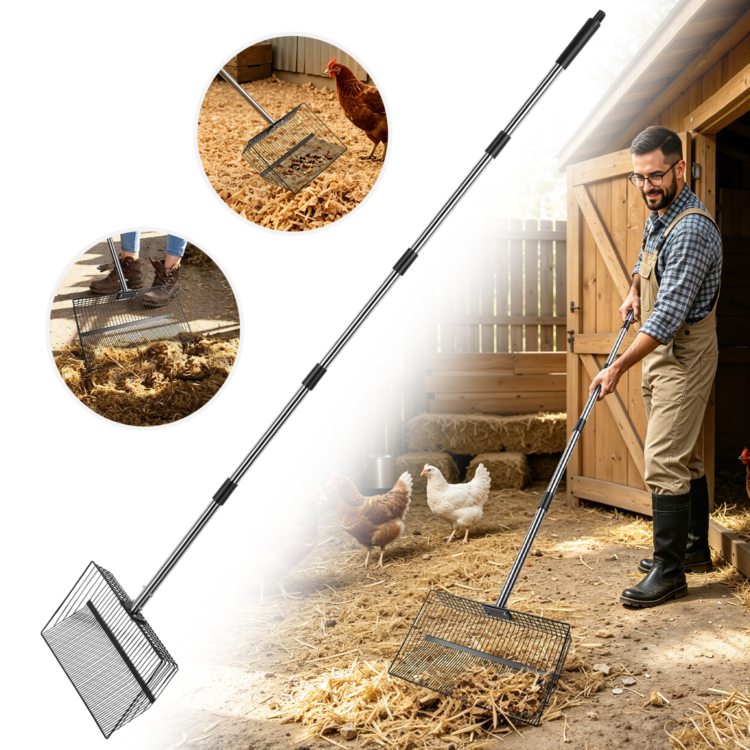 Image of Professional Cleaning Shovel With Adjustable Handle And Sieve Function - Back-friendly And For Chicken Coop, Goat Barn, Enclosure, And Cat Litter Box