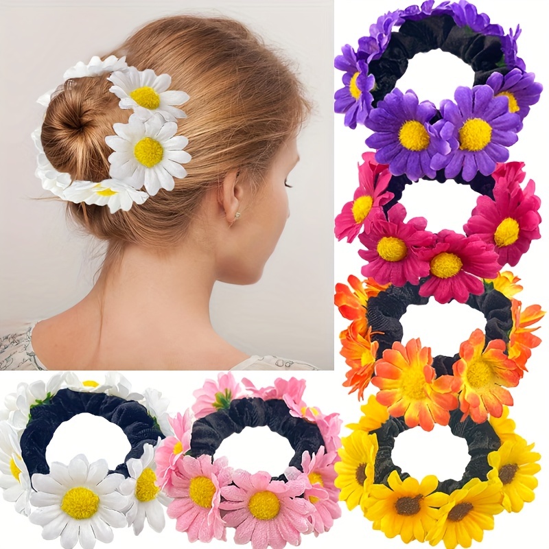 2 pcs. Daisy Elastic Hair Tie Hippie Floral Women Rope Bands Flower  Accessories