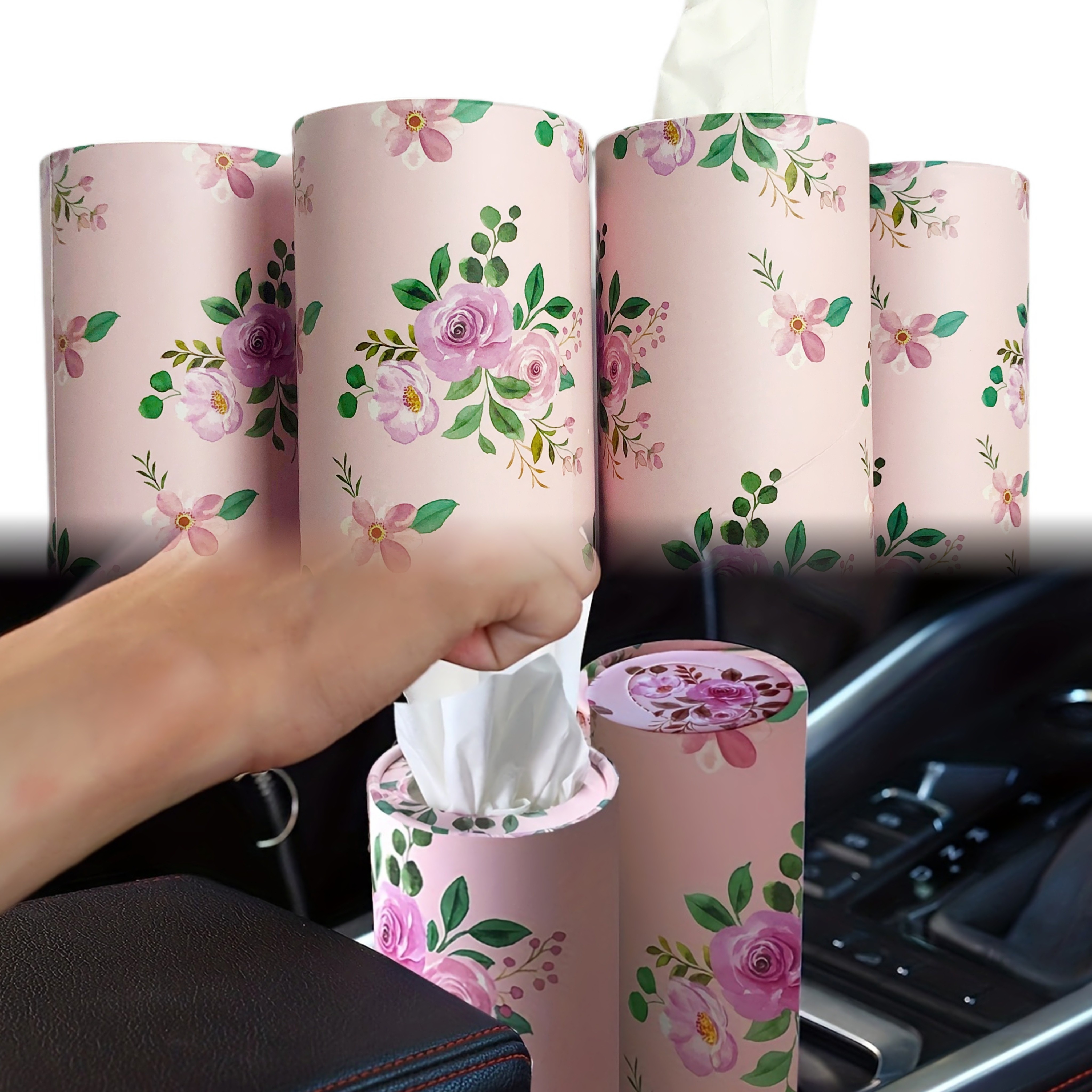 Car Tissue Holder with Facial Tissues Bulk - 4 PK Car Tissues Cylinder,  Tissue Holder for Car, Travel Tissues for Car Cup Holder, Refill Car Tissue