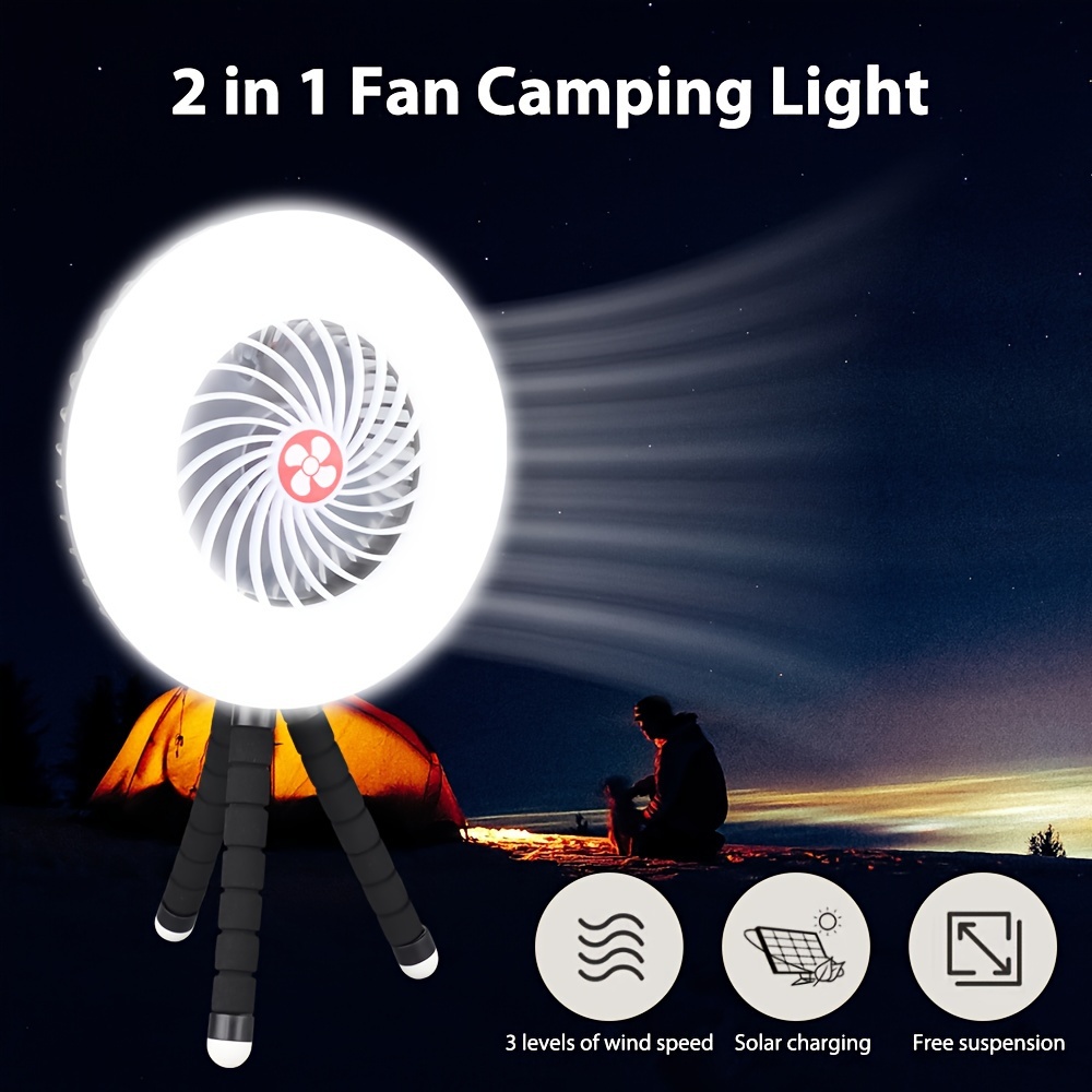 Linterna solar grande alimentada por luz LED y ventilador – 6 en 1 portátil  plegable recargable lámpara de camping con ventilador, estación de carga y