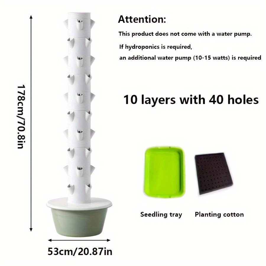 TEMU 수직 수경재배 시스템, 10층으로 구성된 40개의 심기 공간, 씨앗 트레이와 심기 면, 실내외 채소와 과일 무토 재배 키트, 플라스틱 농기구 - 워터 펌프 미포함