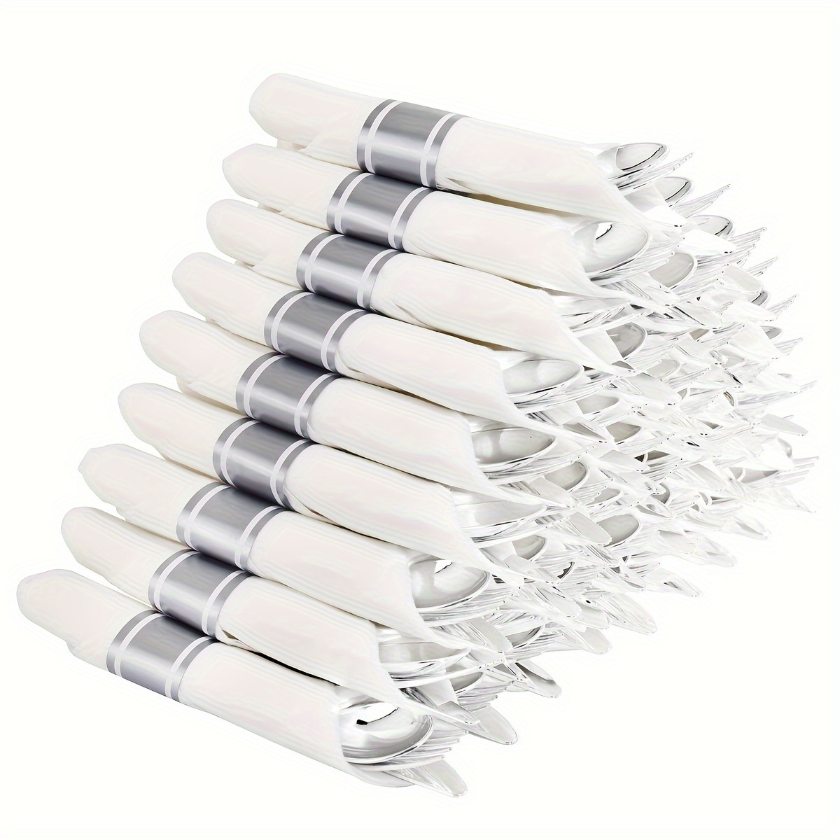 

50 Pack Pre Rolled Napkins With Cutlery Set, Disposable Silverware Includes: 50 Silver Knives, 50 Silver Forks, 50 , 50 White Napkins For Party And Wedding