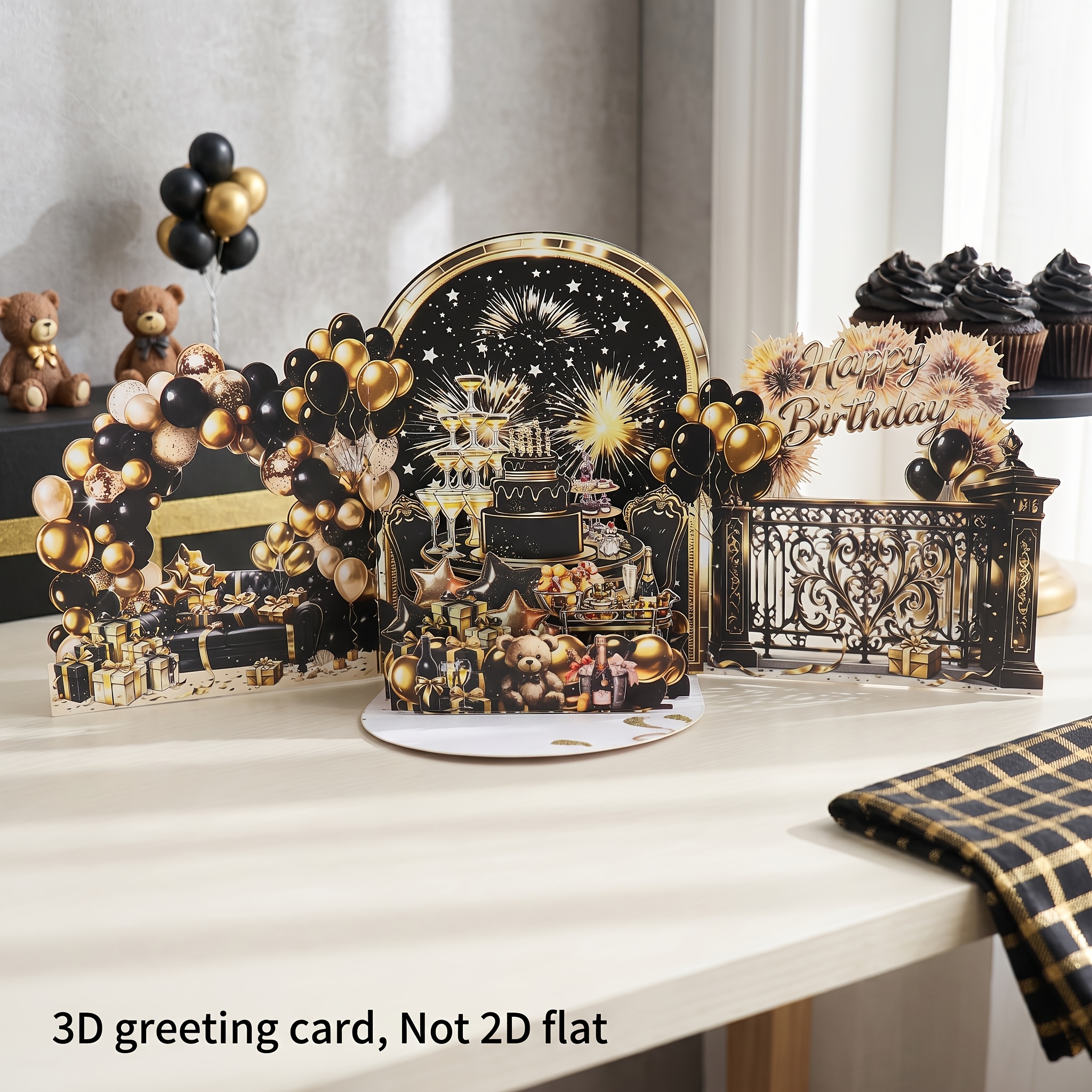 TEMU 1pc 3d Birthday Pop-up Card, Light And Cake Teddy Bear Fireworks Foldable 3d Paper Card, Birthday Table Party Decoration Surprise Greeting Card,