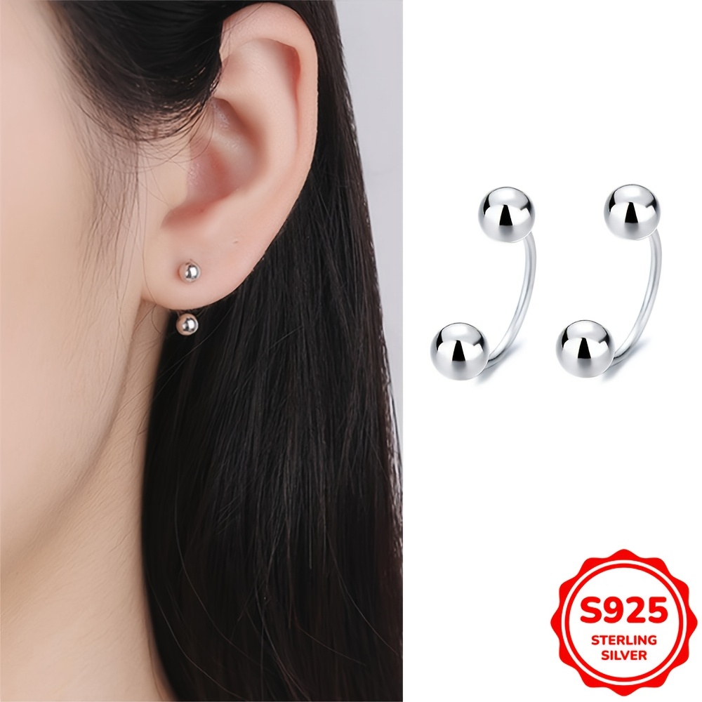 S925 Silvery Bean Round Beads Thread Earrings & Double-headed Bean Studs