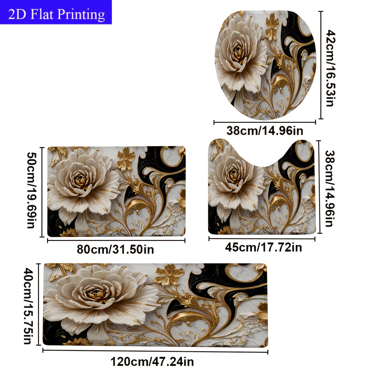 TEMU 2d Flat, 4pcs/ Set Light Luxury Peony Printed Bathroom Protective Mat Set, Non-slip Bathroom Mat, Flannel Bathroom Mat, Bathroom Floor Mat,