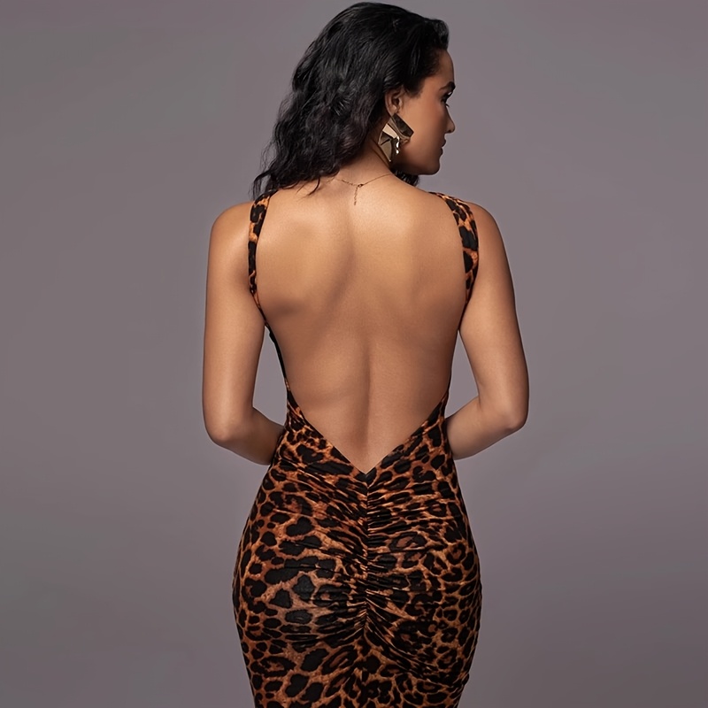 navy blue dress for baby girl Sleek Leopard Print Backless Maxi Dress main image 1
