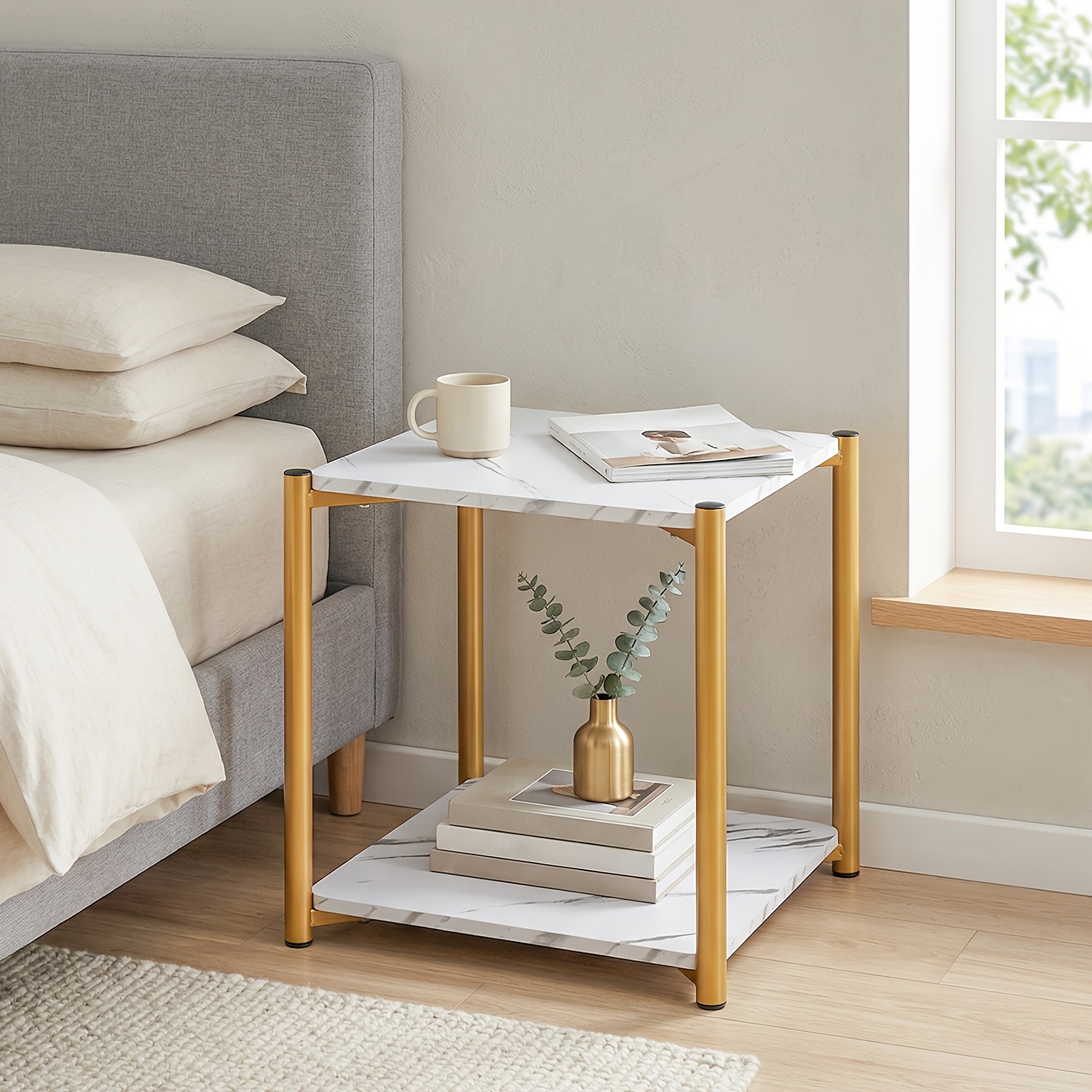 Square Side Table, Steel Wood White Table, Double Layer Storage Shelf, Strong Bearing, Marble Texture, 40x40cm Square Size, For Living Room Bedroom Small Space