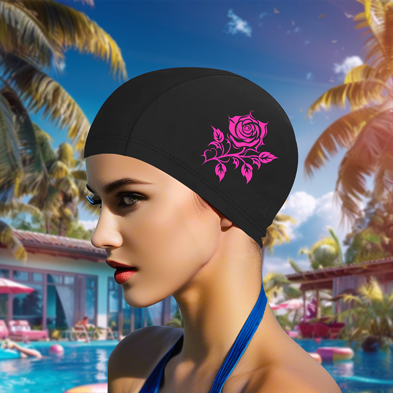 TEMU Women's Knitted Swim Cap, Fashionable Printed Breathable Swimming Cap, Stylish Women's Shower Cap, Long Hair Swim Cap