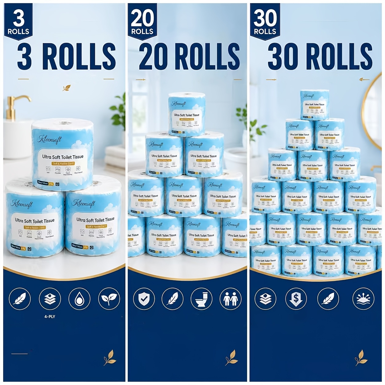 TEMU 30 Rolls Toilet Paper, 20 Rolls And 3 Rolls , 4-ply , Ultra Soft, Thick And Strong, Absorbent, Embossed Toilet Paper, Pack, Home, Bathroom And