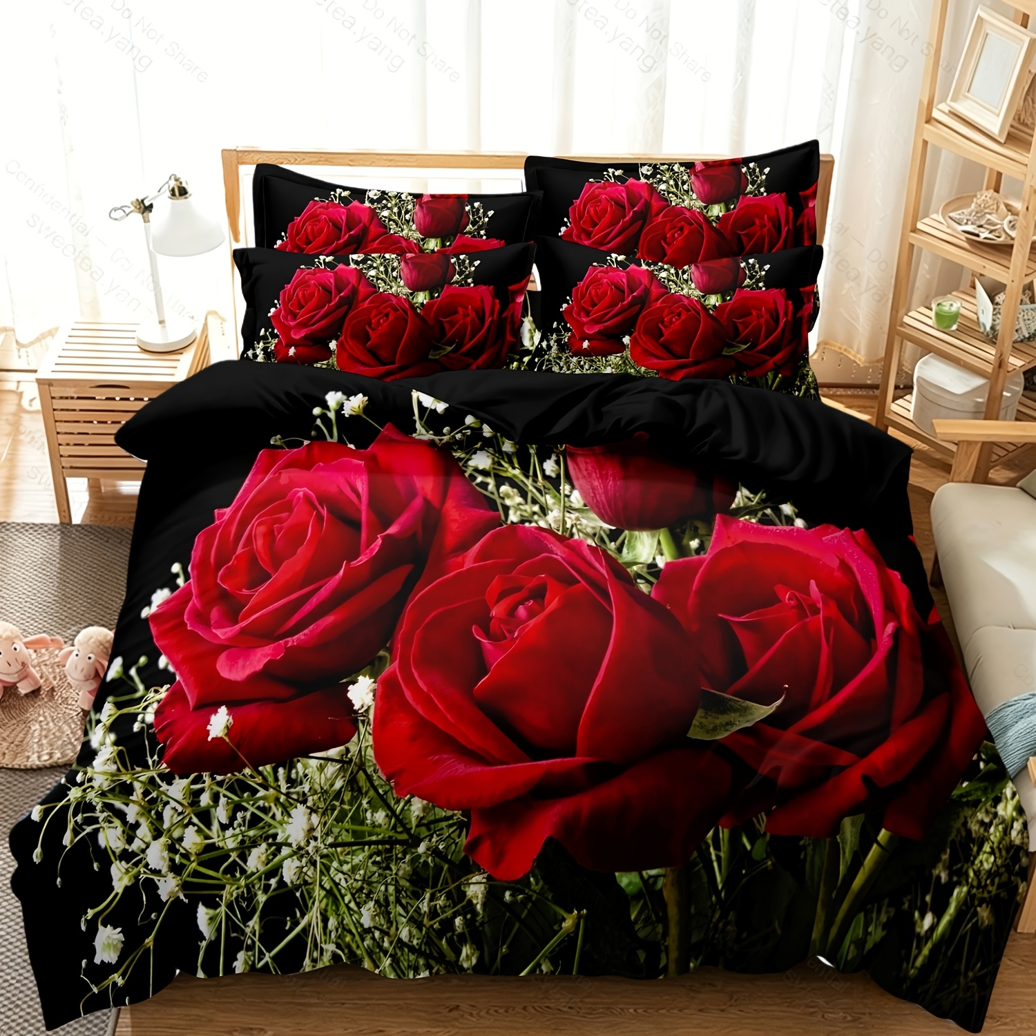 TEMU 3pcs Red Rose Flower Romantic Quilt Duvet Cover, Breathable Polyester, Machine Washable - (includes 1*duvet Cover And 2*pillowcases, Room